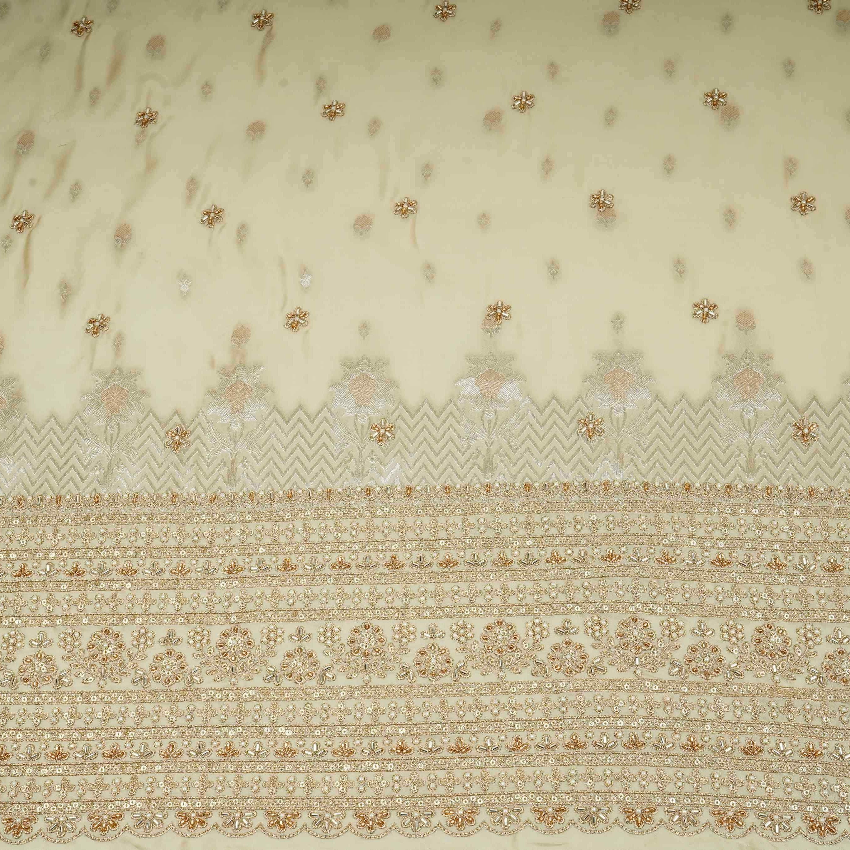 Cream Zari cutdana embroidery Satin Silk Fabric TF-31122 - TradeUNO