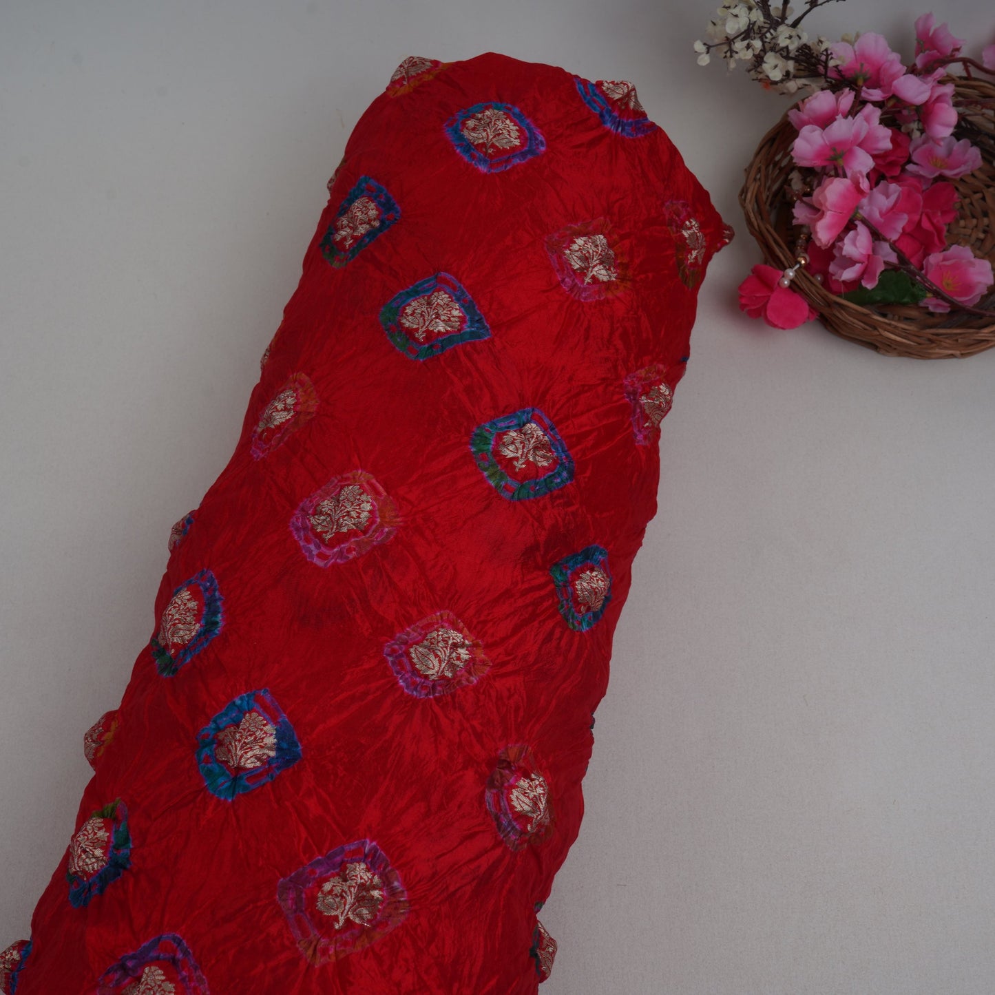 Red Bandhani Boota Tye Dye Dupion Silk Fabric YHF-32832