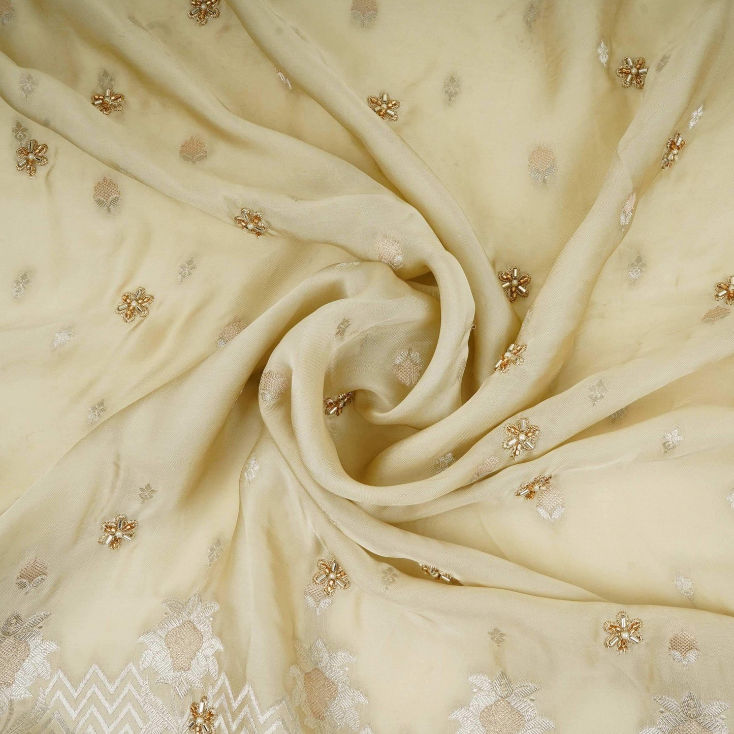 Cream Zari cutdana embroidery Satin Silk Fabric TF-31122