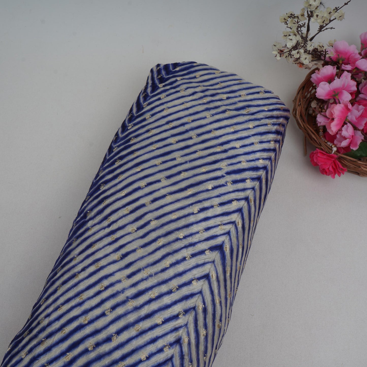 Indigo Blue Lehriya Buti Dupion Silk Fabric YHF-32841