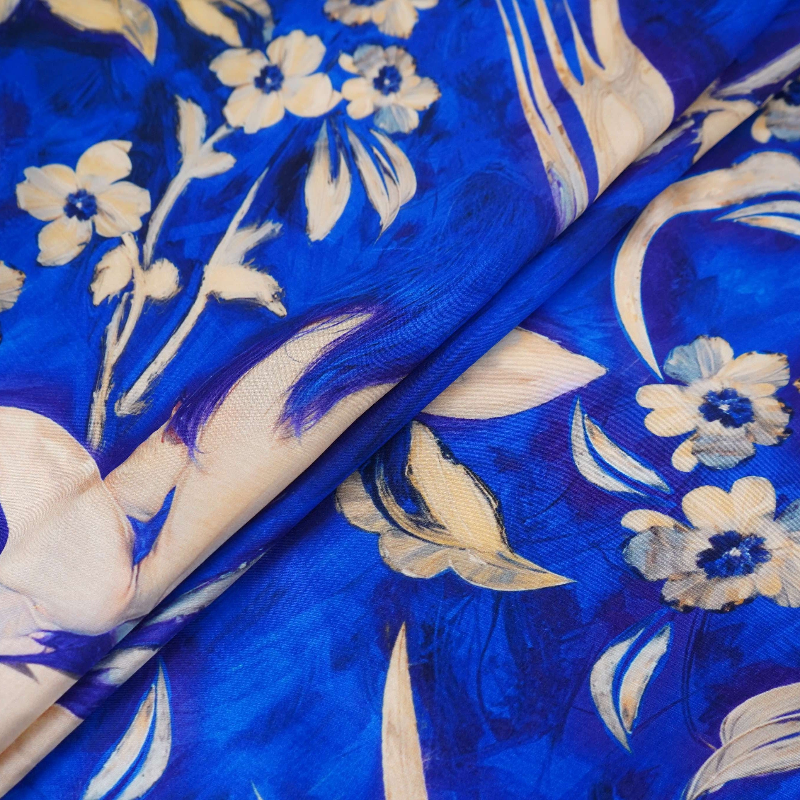 Royal Blue floral print Silk Satin Fabric NVC-31563 - TradeUNO