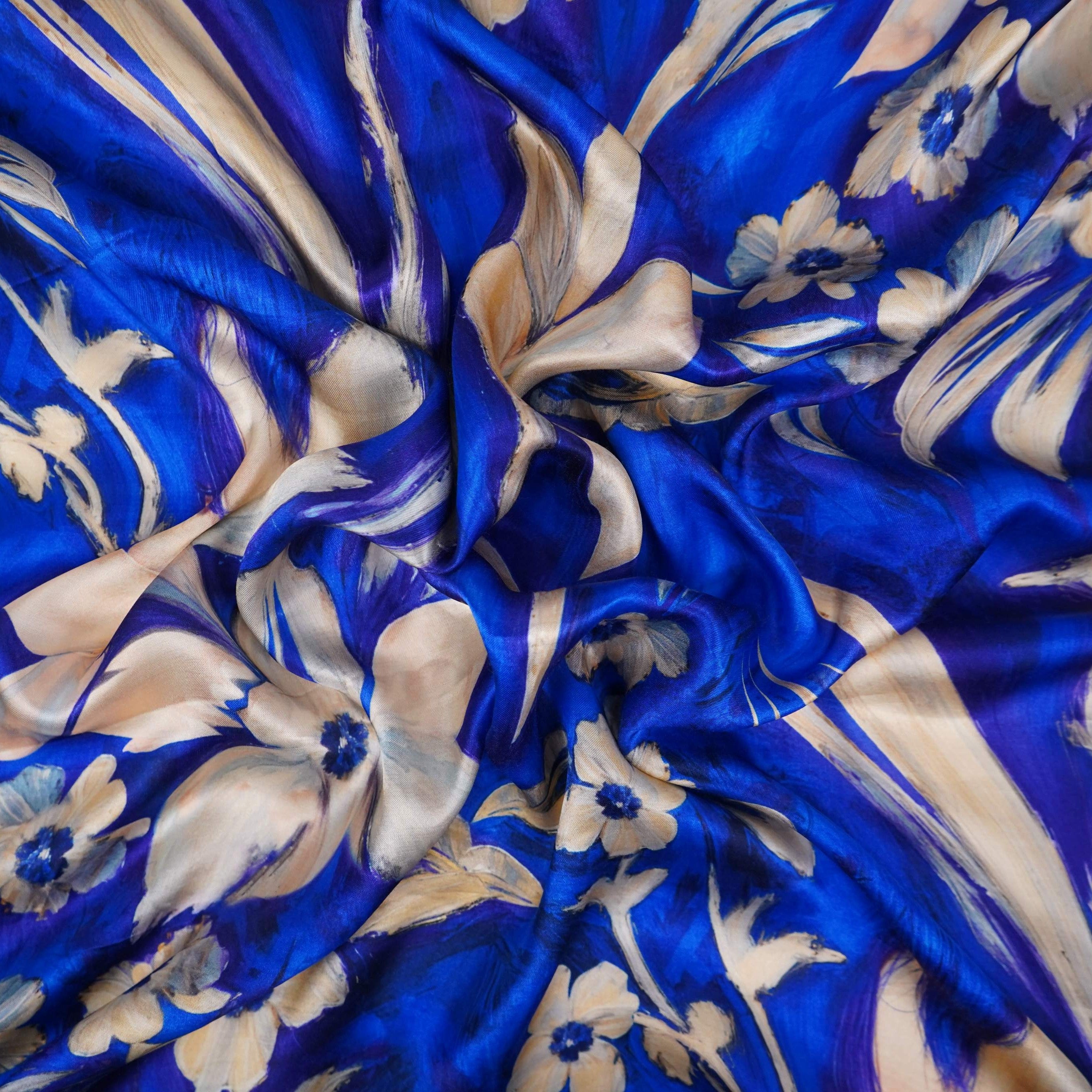 Royal Blue floral print Silk Satin Fabric NVC-31563 - TradeUNO