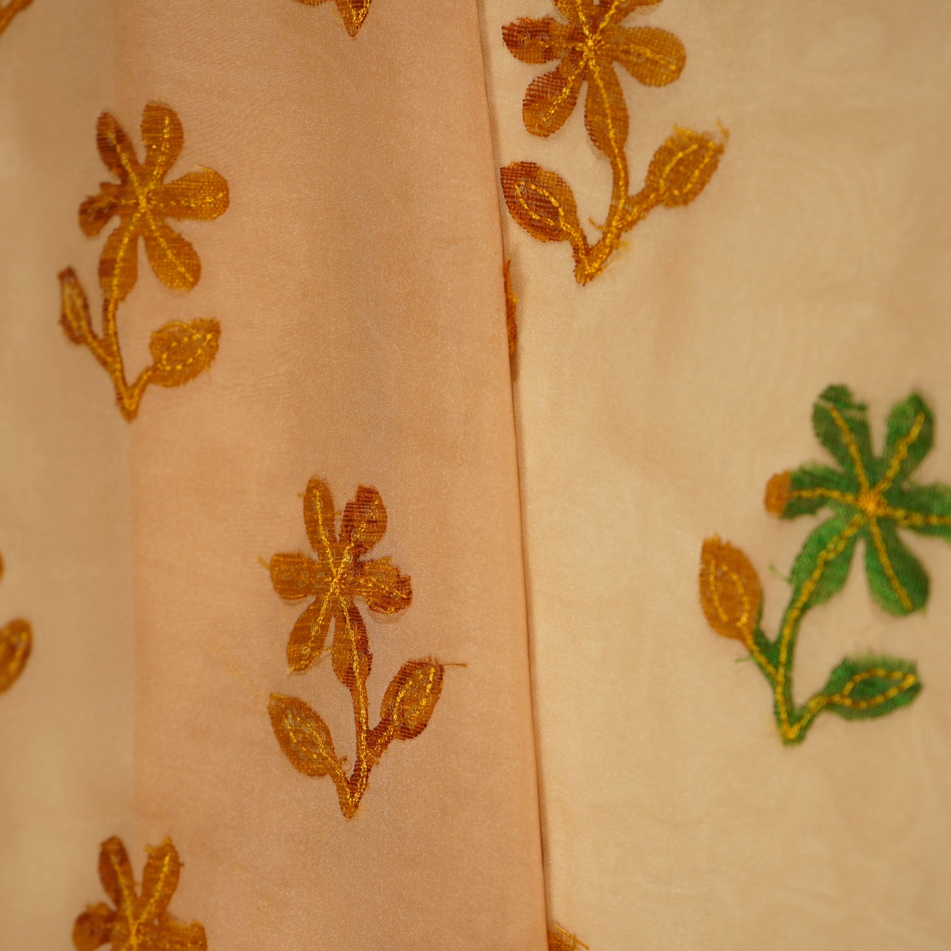 Orange Sequins Applique Work Organza Fabric