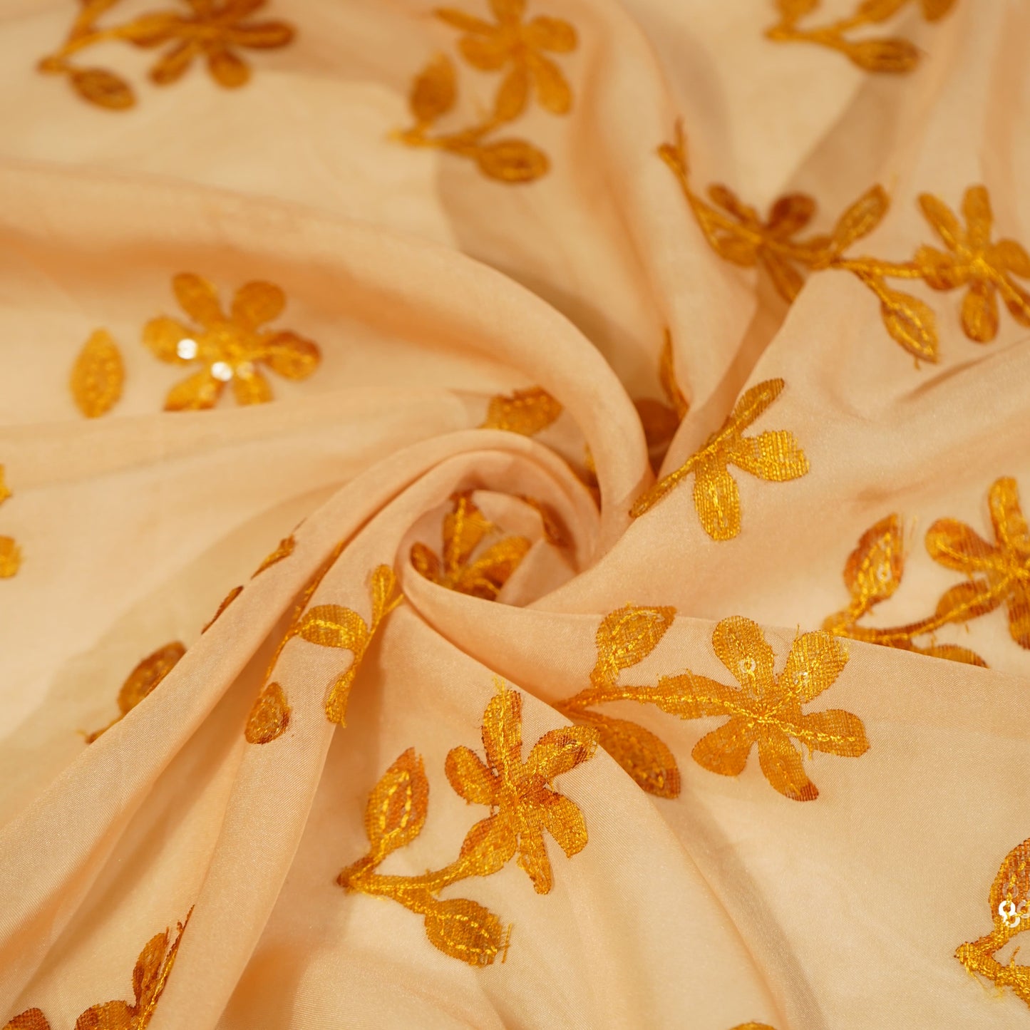 Orange Sequins Applique Work Organza Fabric