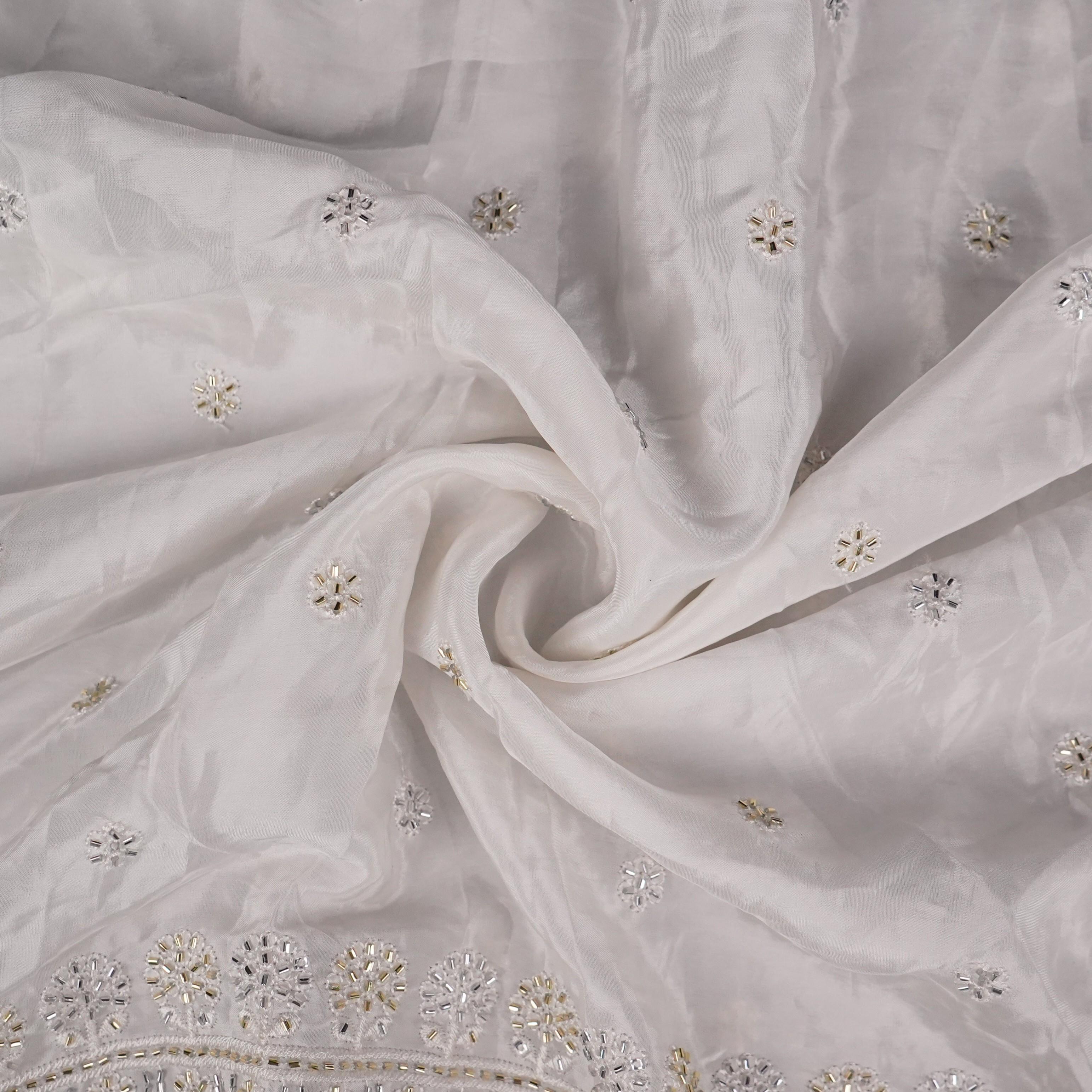 White Cutdana embroidery Crepe Fabric VFS-31700 - TradeUNO