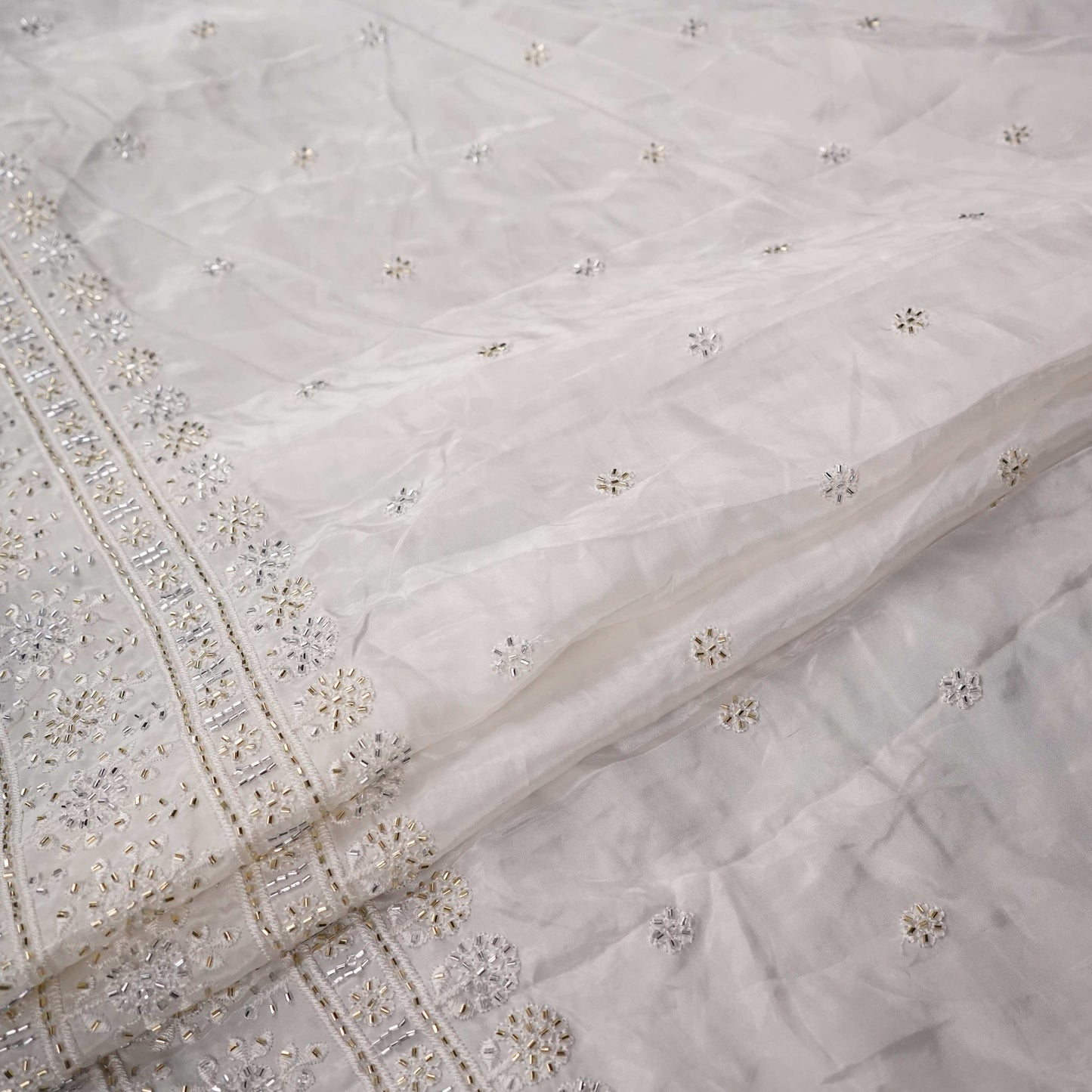 White Cutdana embroidery Crepe Fabric VFS-31700