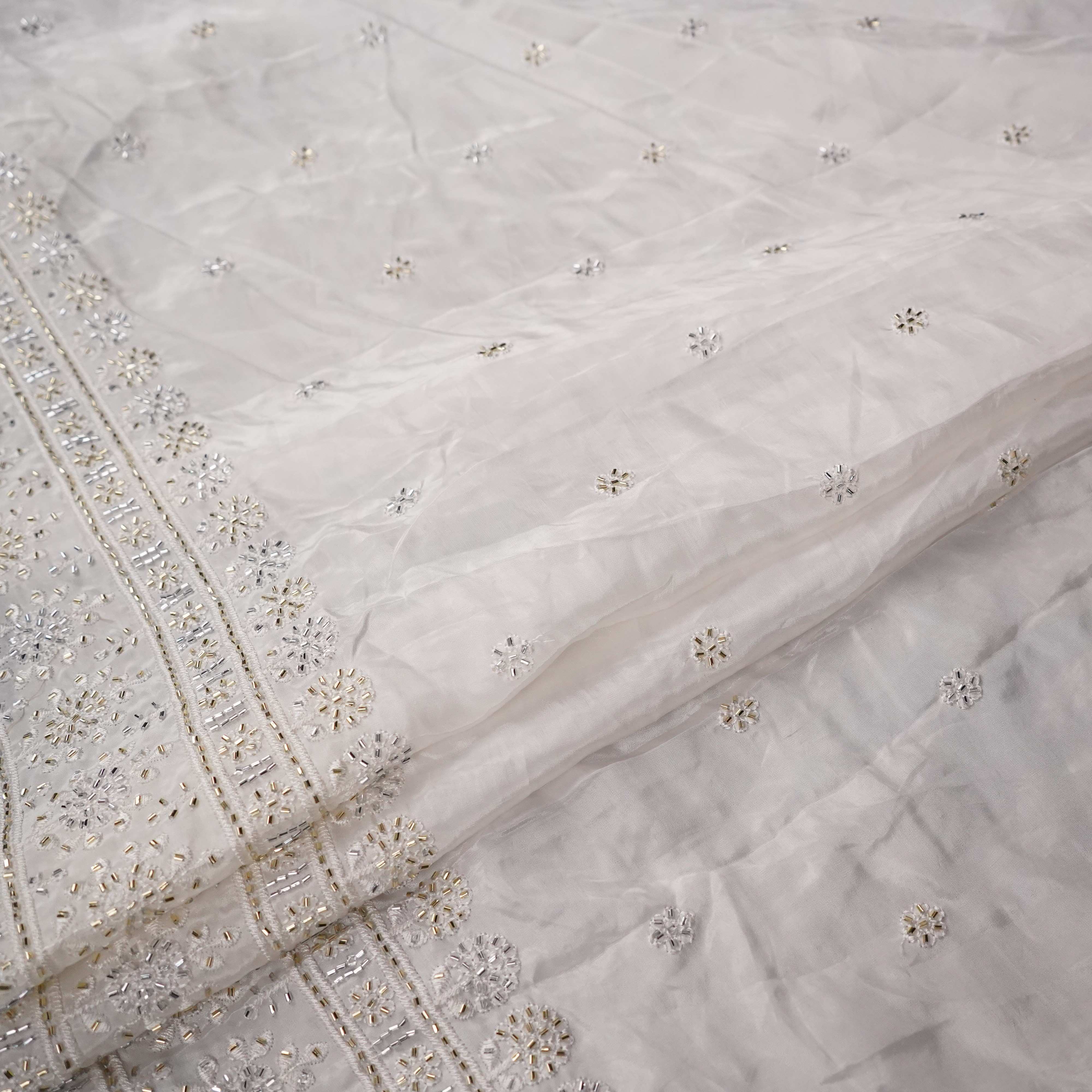 White Cutdana embroidery Crepe Fabric VFS-31700 - TradeUNO