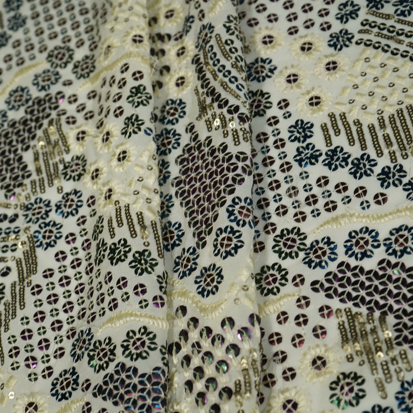 Off White Sequins Thread Embroidery Georgette 