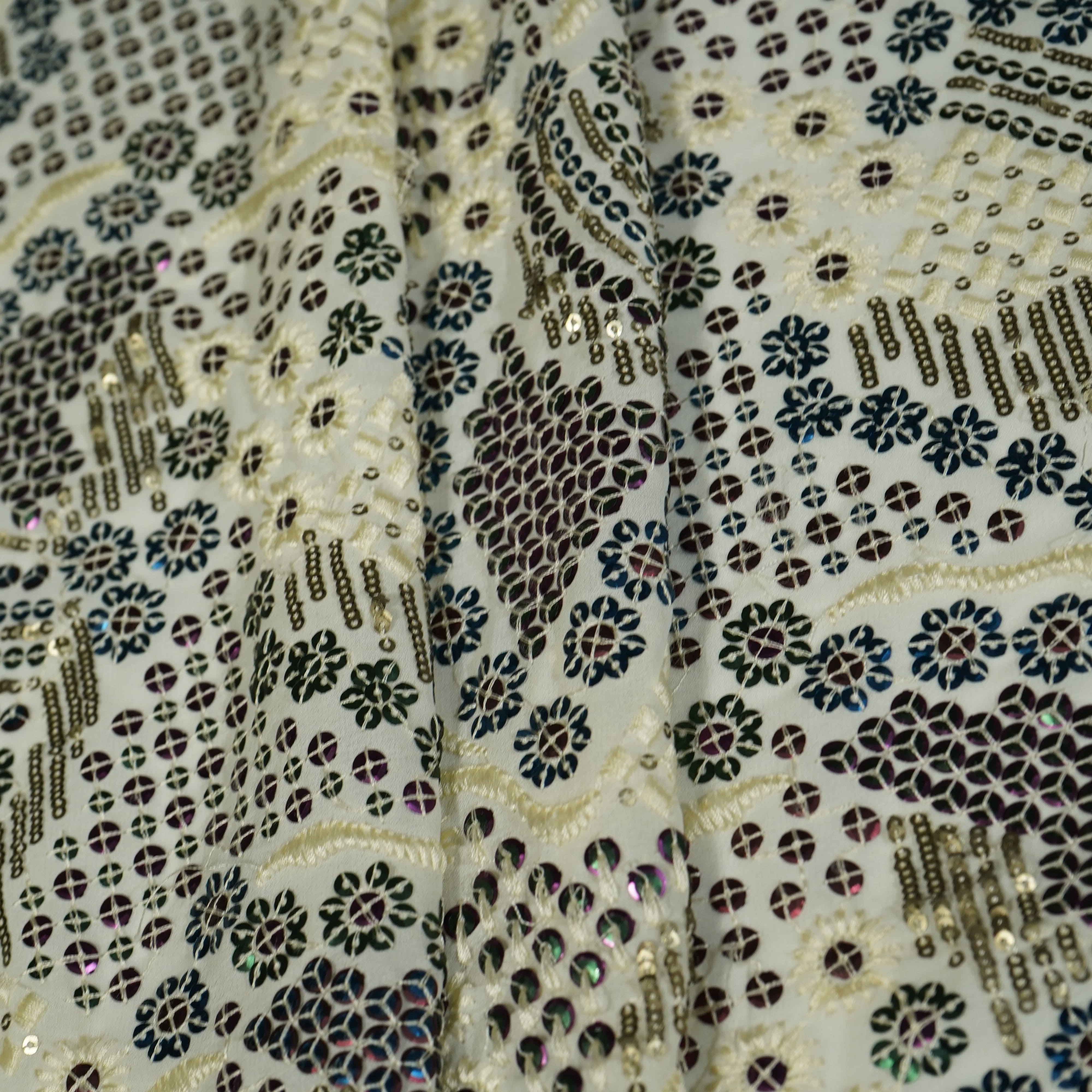 Off White Sequins Thread Embroidery Georgette 