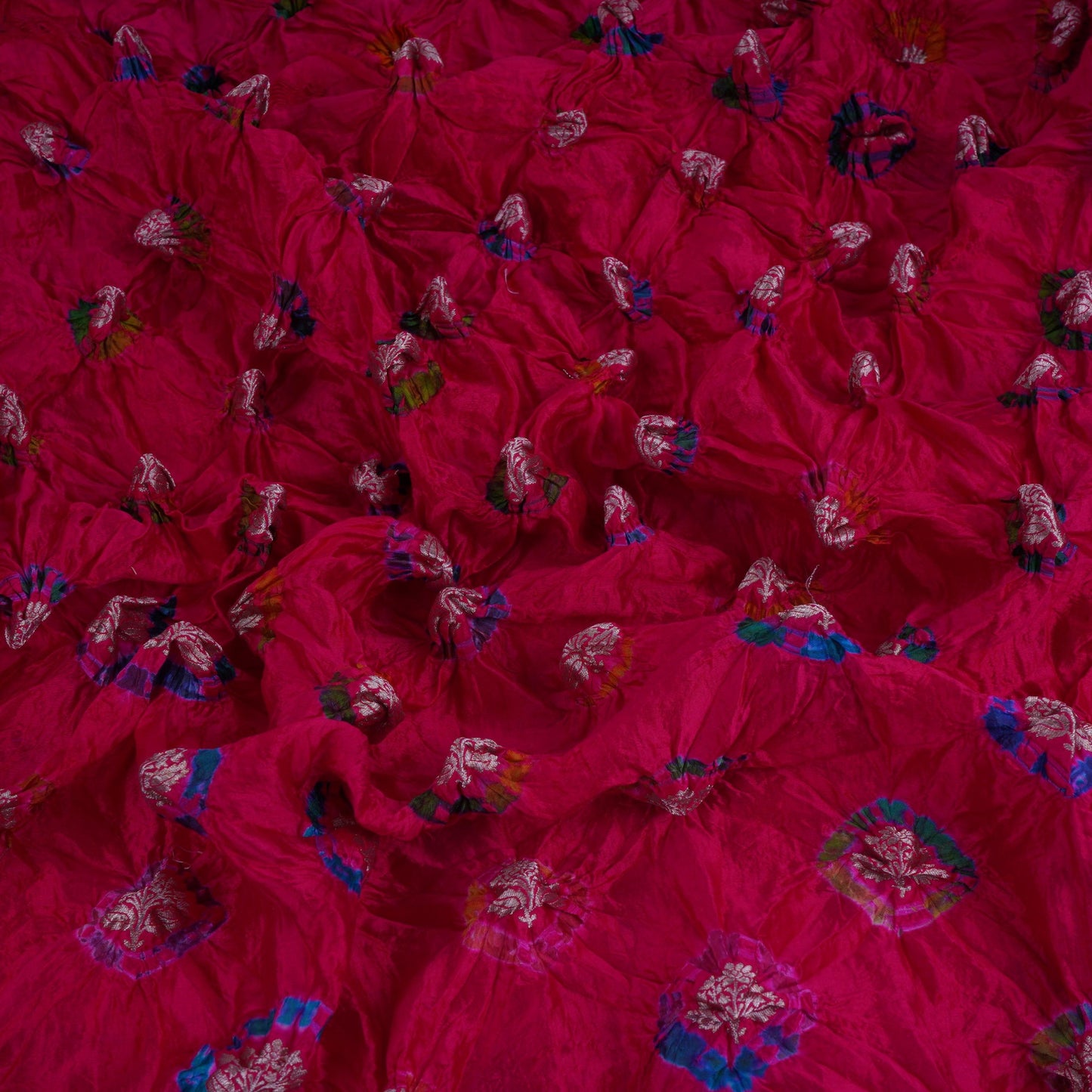 Magenta Bandhani Boota Tye Dye Dupion Silk Fabric YHF-32830