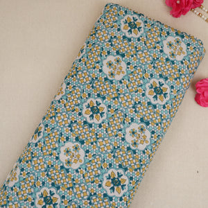 Yellow & Blue Mosaic Floral Print Cotton Fabric PB-29744 - TradeUNO