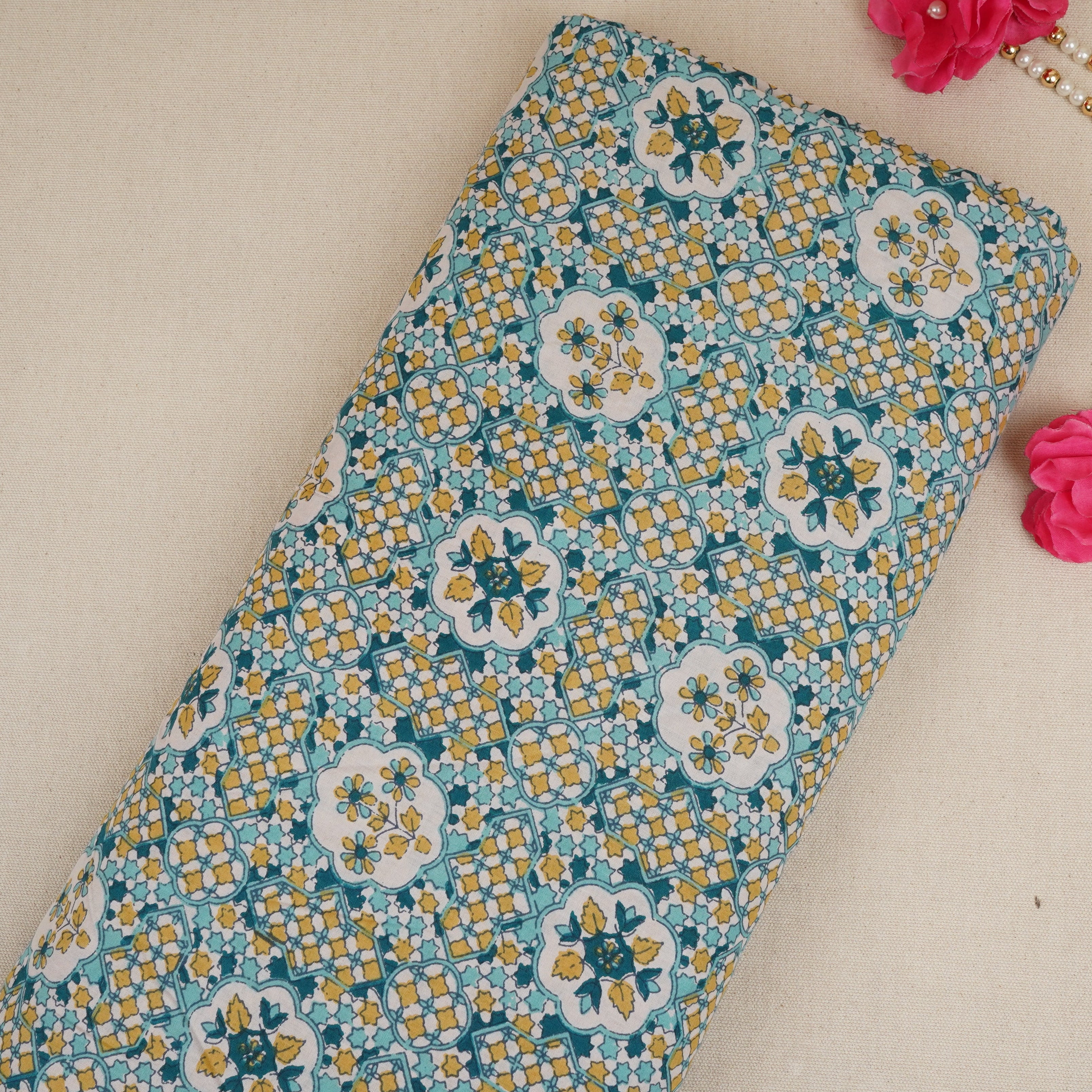Yellow & Blue Mosaic Floral Print Cotton Fabric PB-29744 - TradeUNO