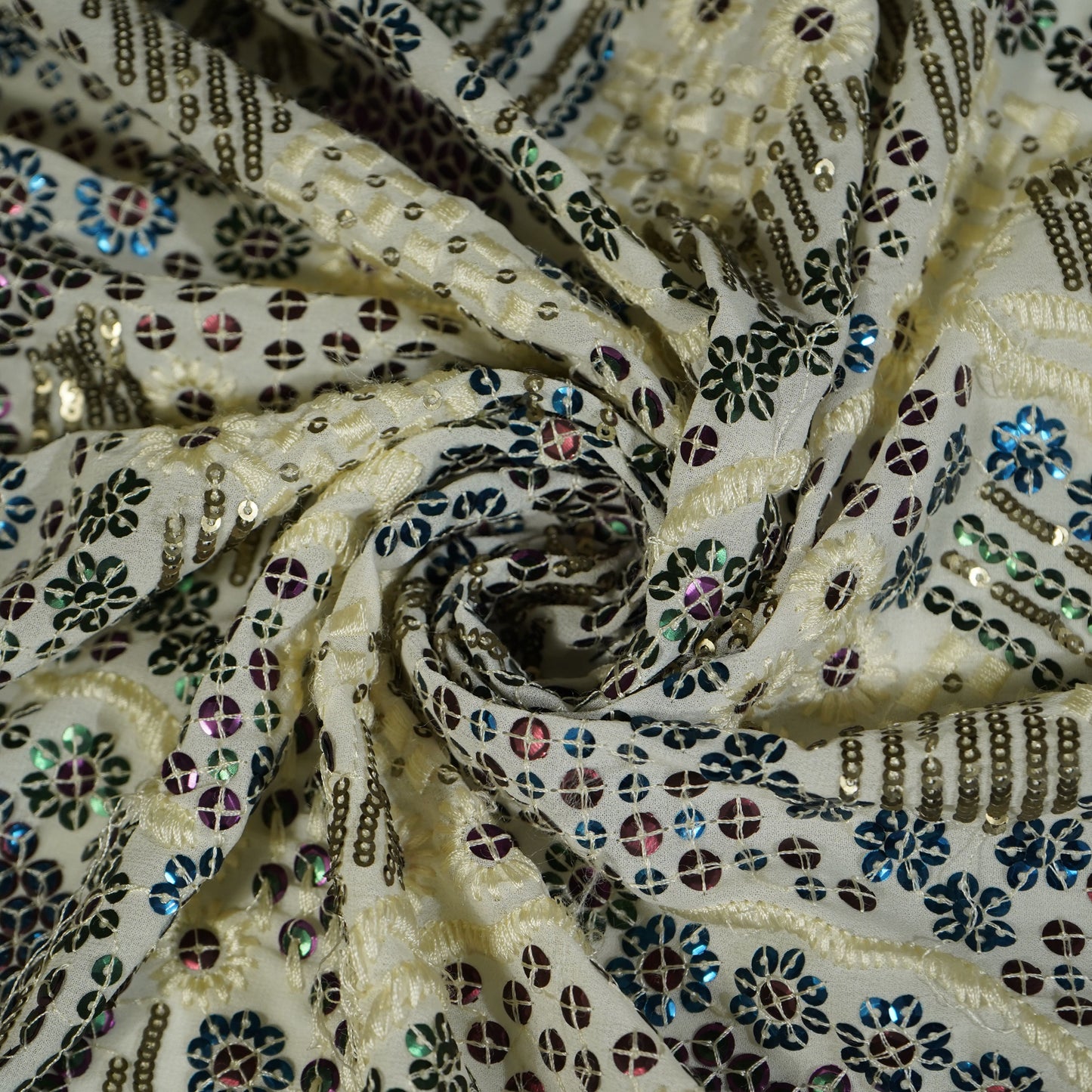 Off White Sequins Thread Embroidery Georgette 