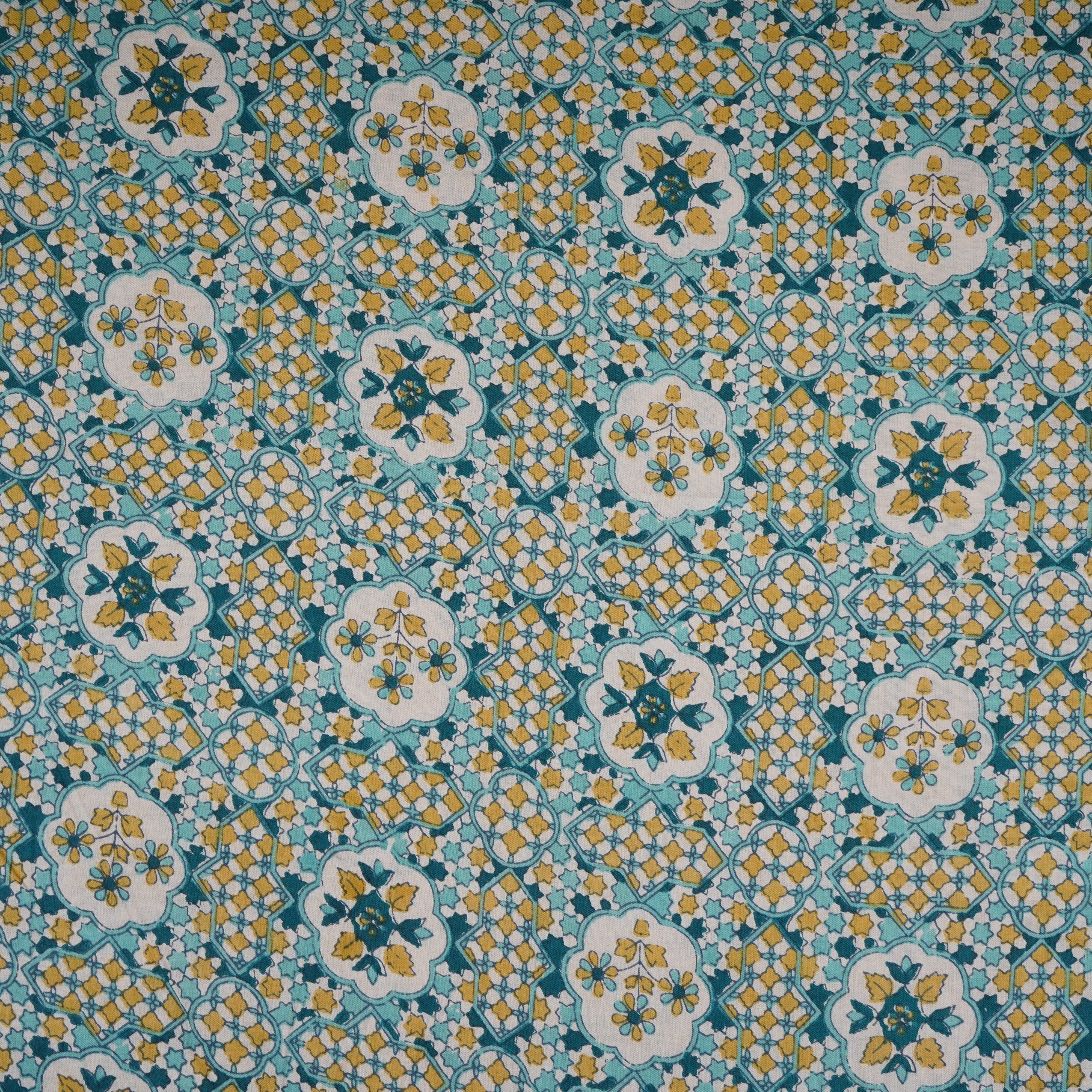 Yellow & Blue Mosaic Floral Print Cotton Fabric PB-29744 - TradeUNO