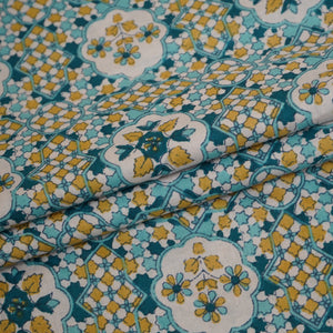Yellow & Blue Mosaic Floral Print Cotton Fabric PB-29744 - TradeUNO