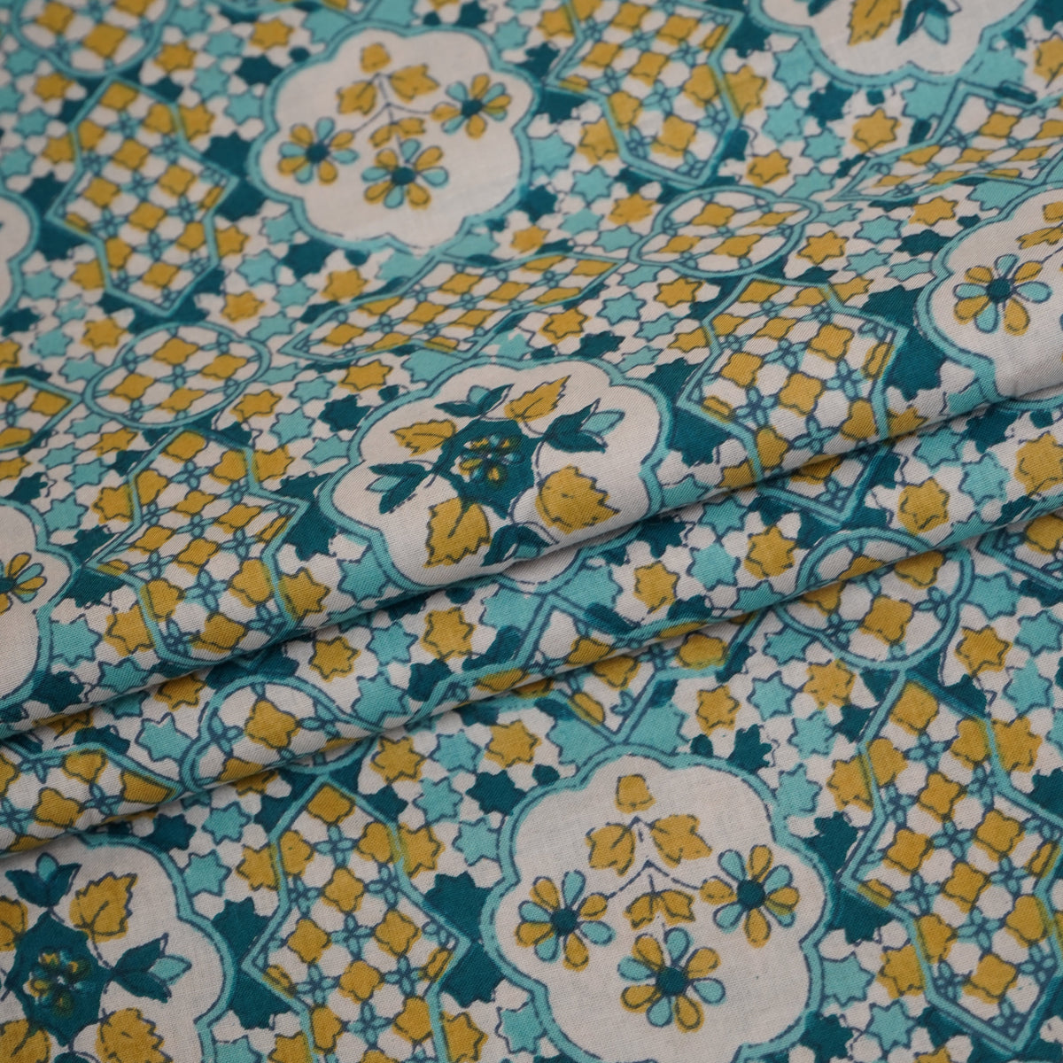 Yellow & Blue Mosaic Floral Print Cotton Fabric PB-29744 - TradeUNO