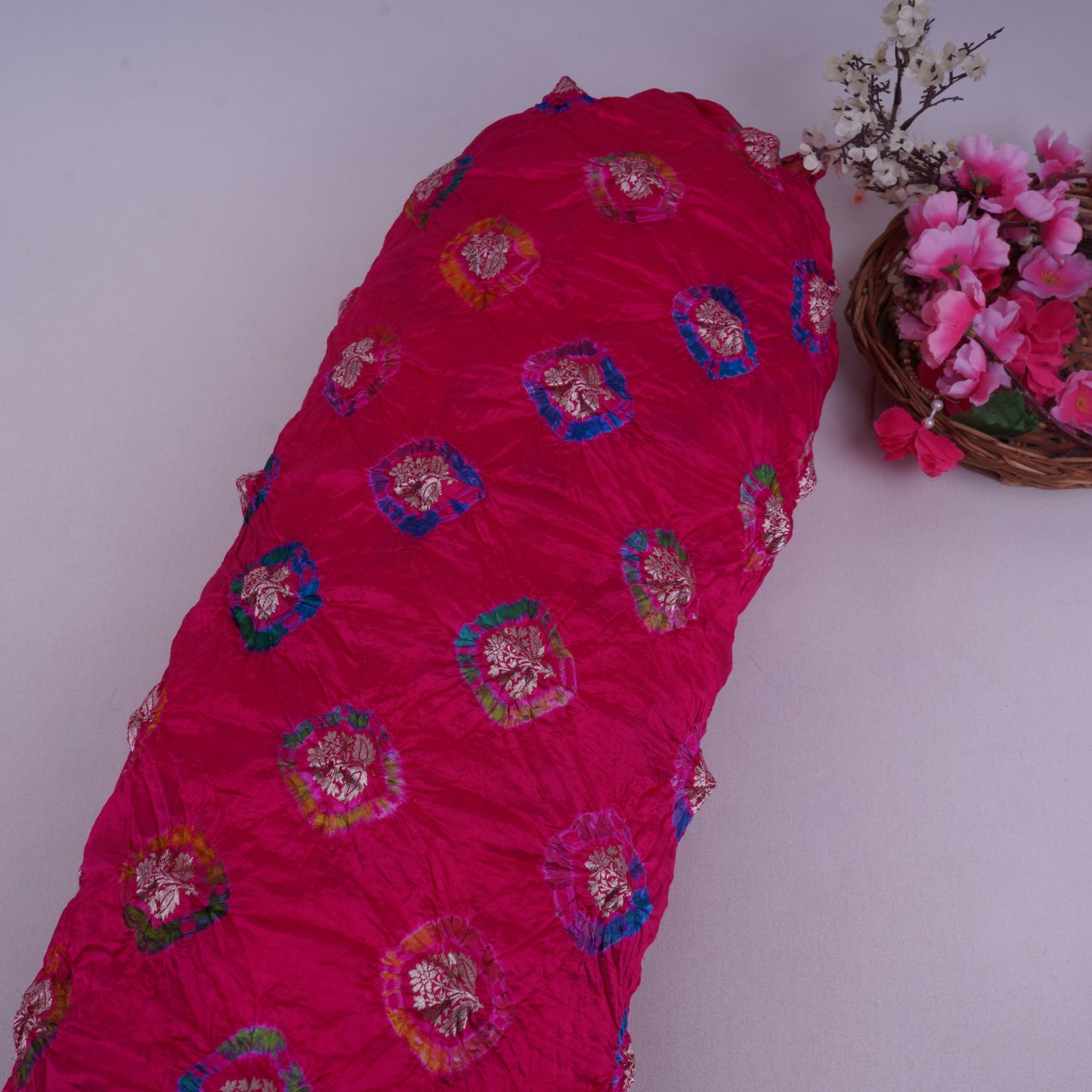 Magenta Bandhani Boota Tye Dye Dupion Silk Fabric YHF-32830