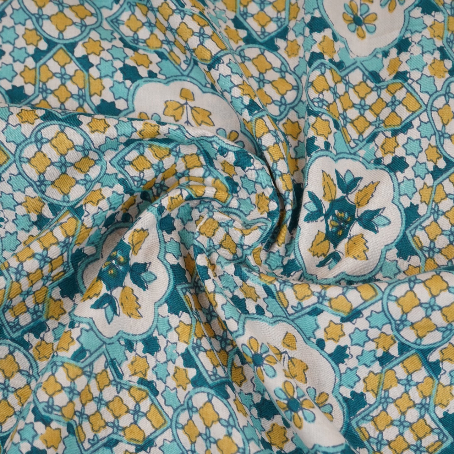 Yellow & Blue Mosaic Floral Print Cotton Fabric PB-29744