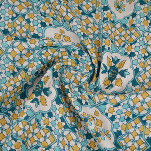 Yellow & Blue Mosaic Floral Print Cotton Fabric PB-29744 - TradeUNO