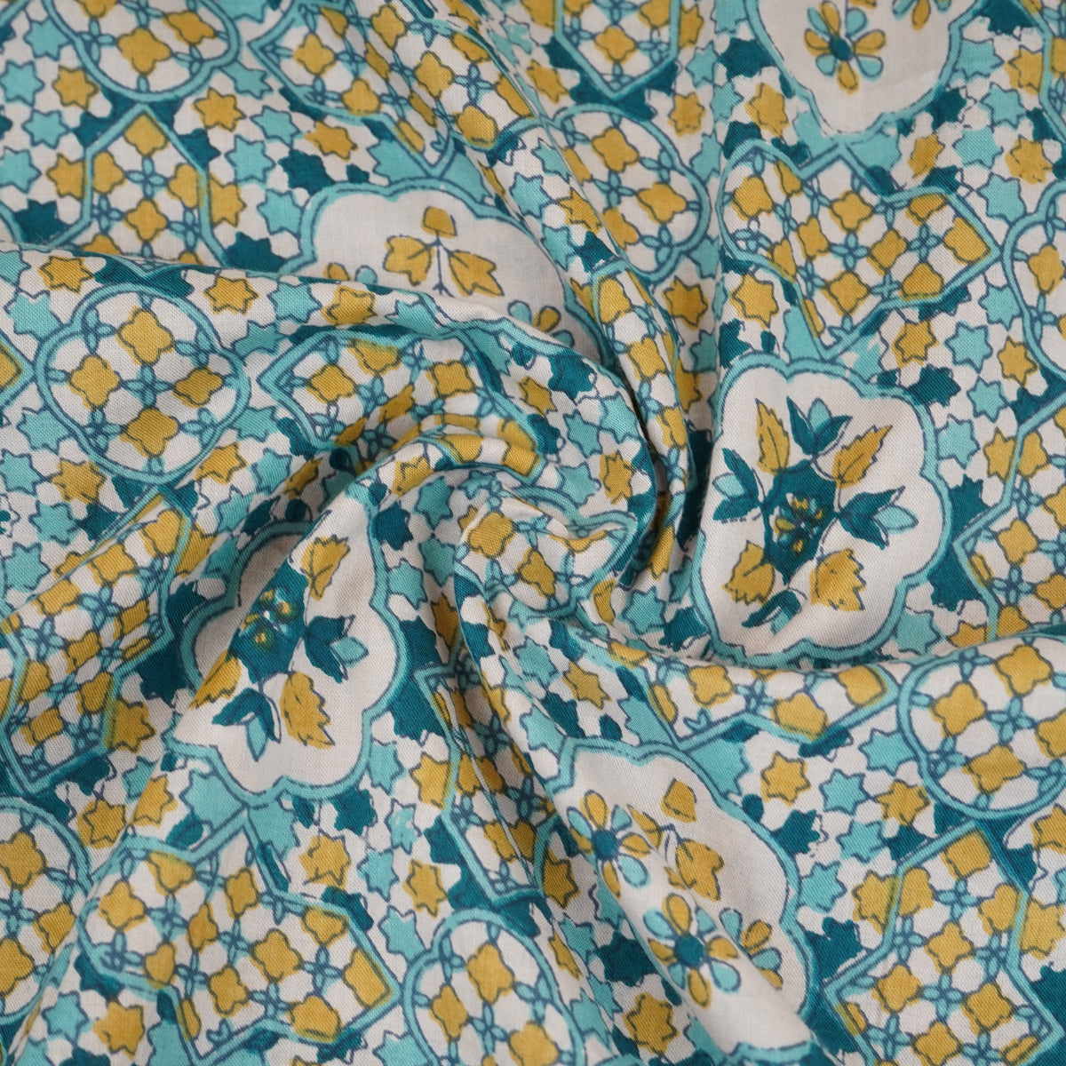 Yellow & Blue Mosaic Floral Print Cotton Fabric PB-29744 - TradeUNO