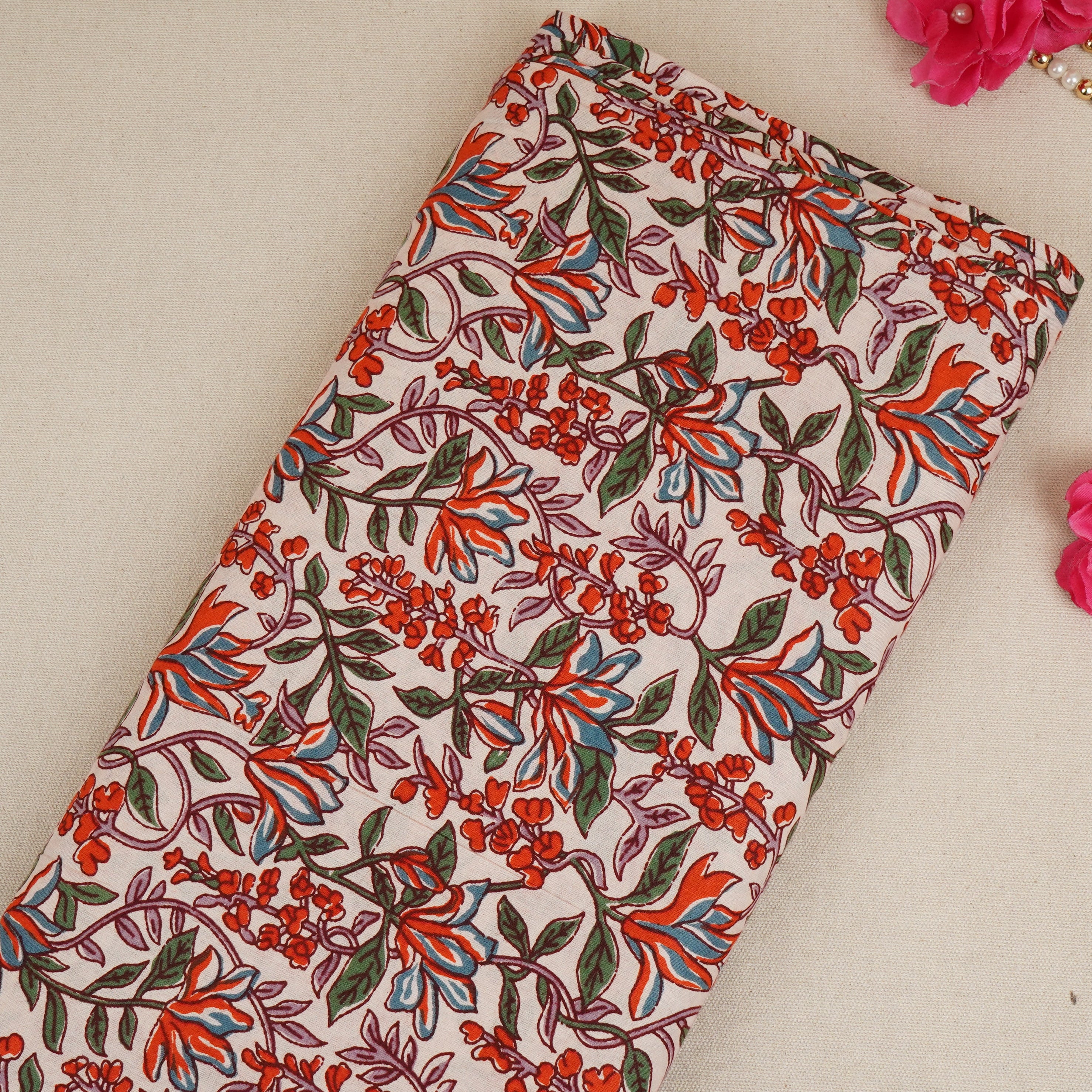 White & Red Floral Block Print Cotton Fabric PB-29755 - TradeUNO