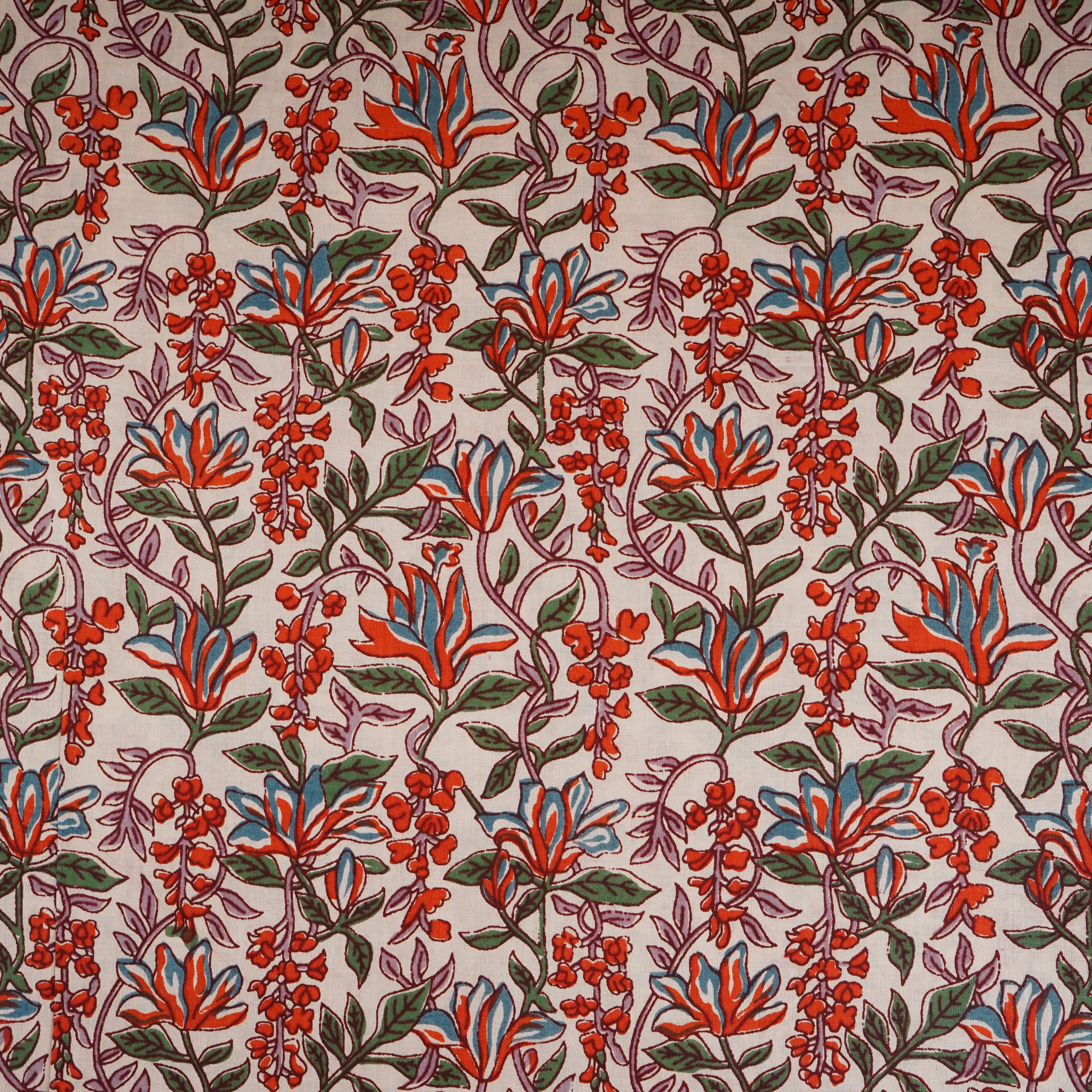 White & Red Floral Block Print Cotton Fabric PB-29755 - TradeUNO