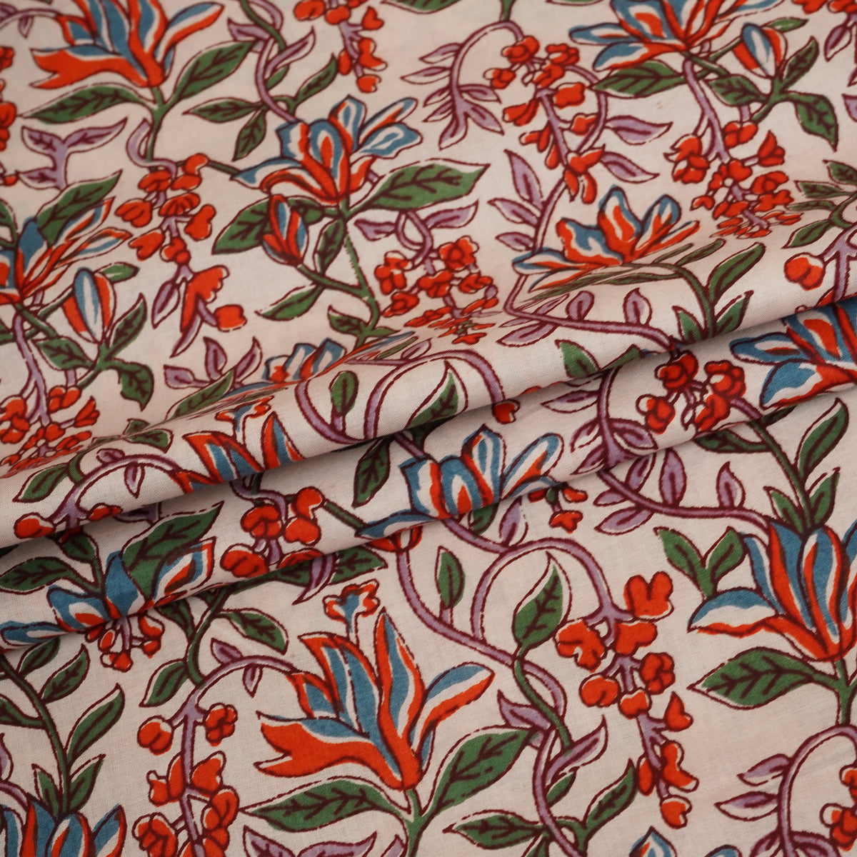 White & Red Floral Block Print Cotton Fabric PB-29755 - TradeUNO