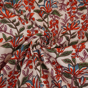 White & Red Floral Block Print Cotton Fabric PB-29755 - TradeUNO