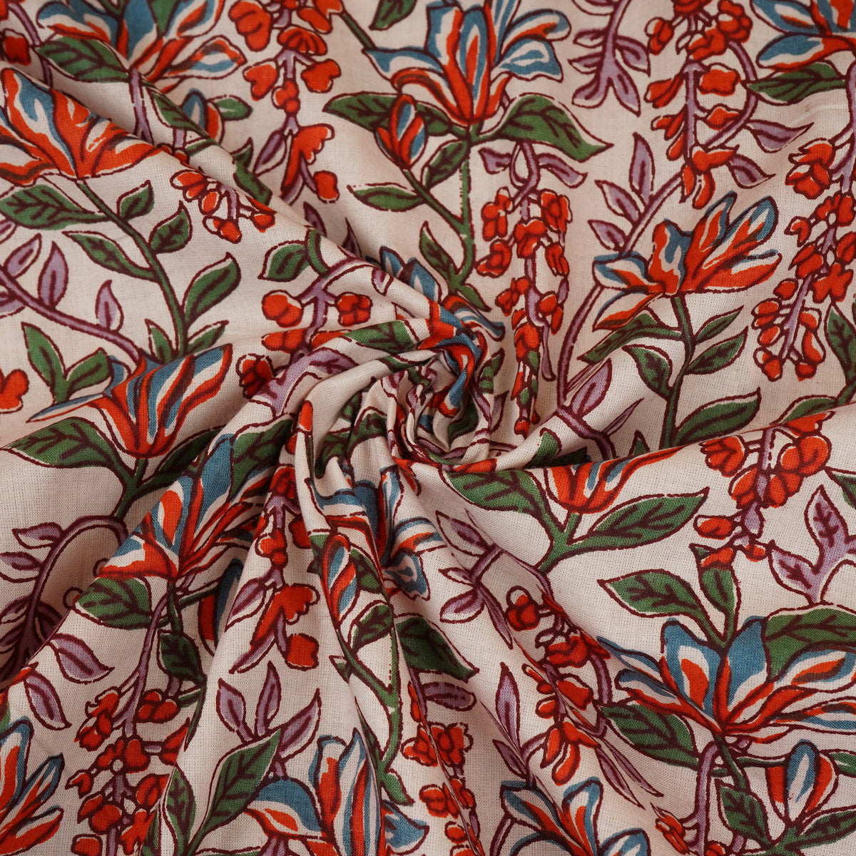 White & Red Floral Block Print Cotton Fabric PB-29755 - TradeUNO