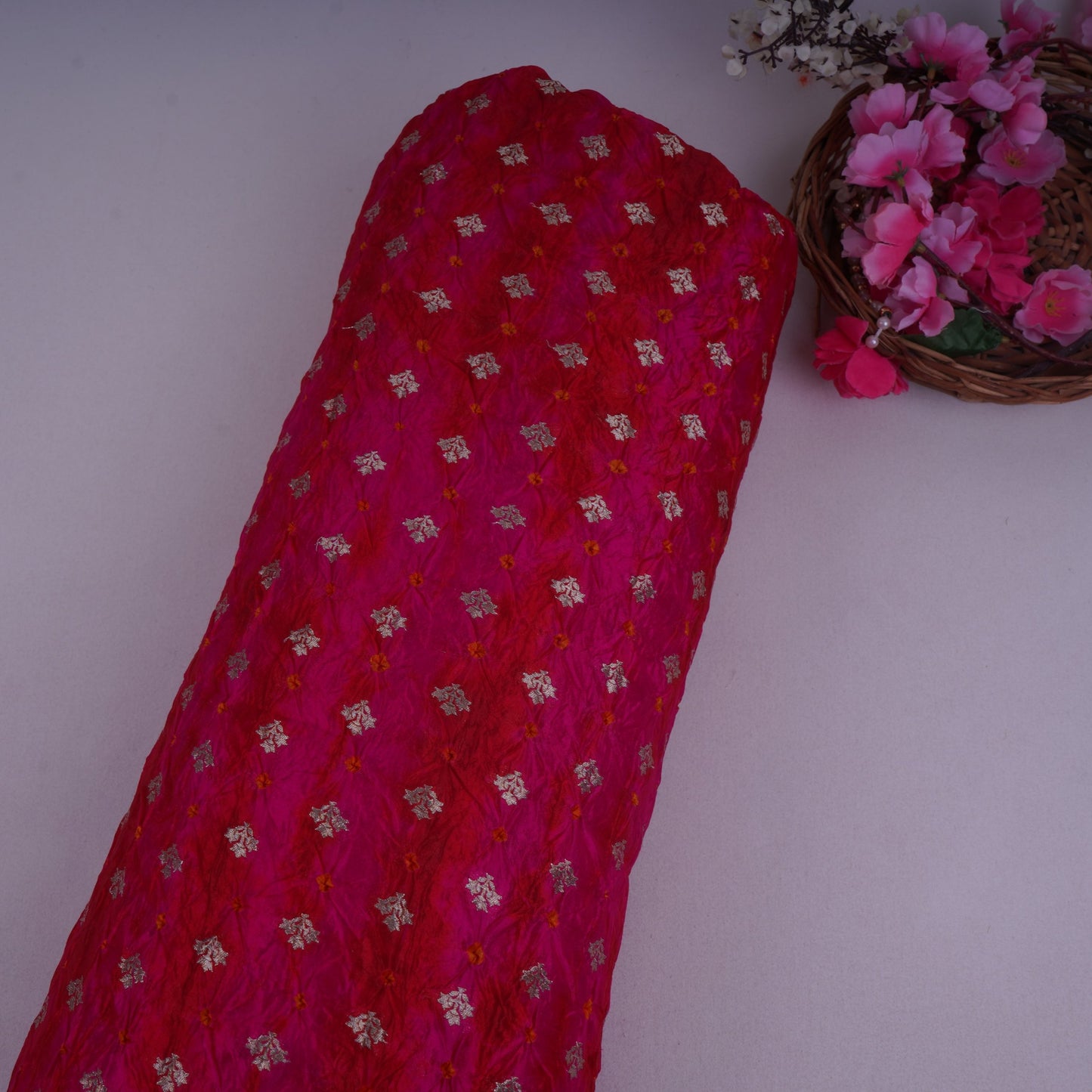 Magenta Shibori Bandhani Dupion Silk Fabric YHF-32846