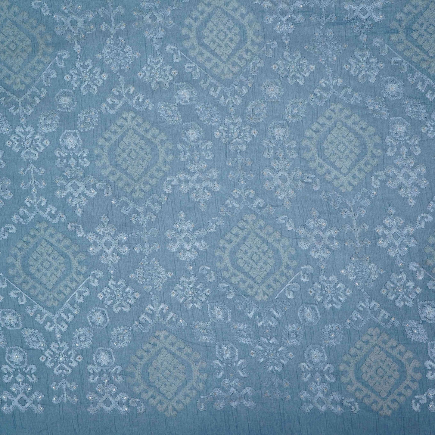 Ice Blue floral embroidery Raw Silk Fabric VFS-31665