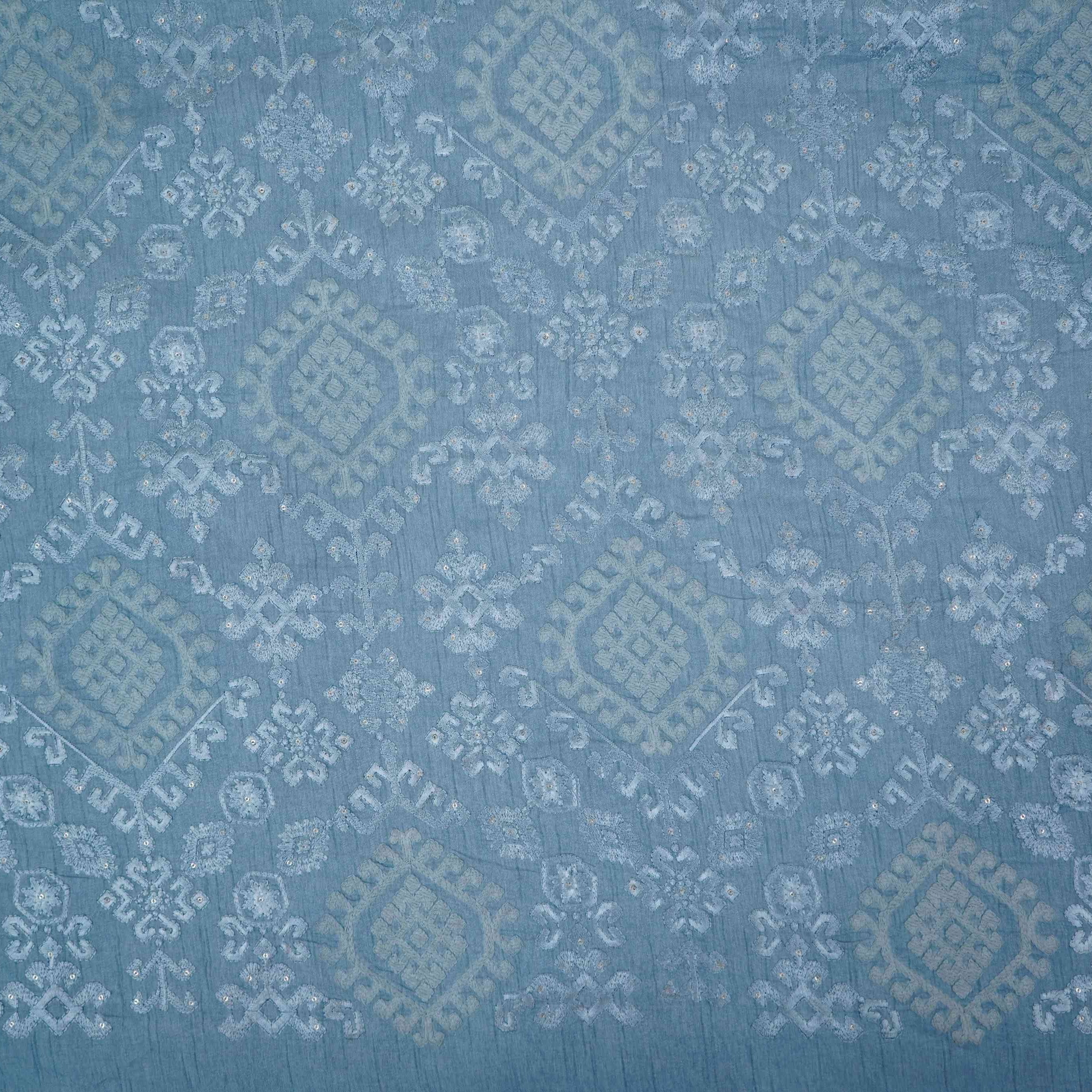 Ice Blue floral embroidery Raw Silk Fabric VFS-31665 - TradeUNO