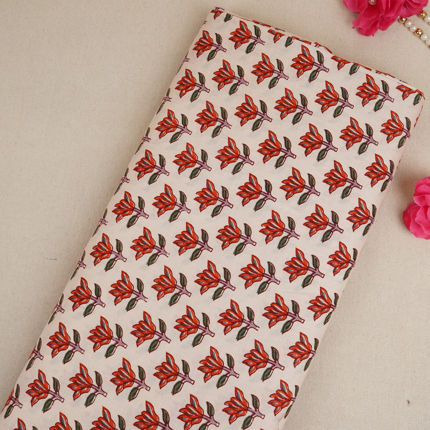 White & Red Handblock Floral Print Cotton Fabric PB-29752