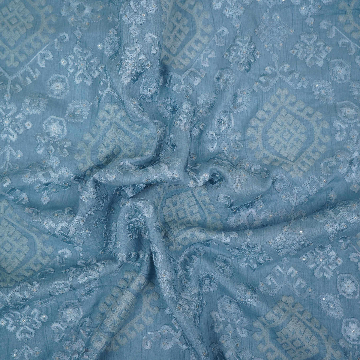 Ice Blue floral embroidery Raw Silk Fabric VFS-31665 - TradeUNO