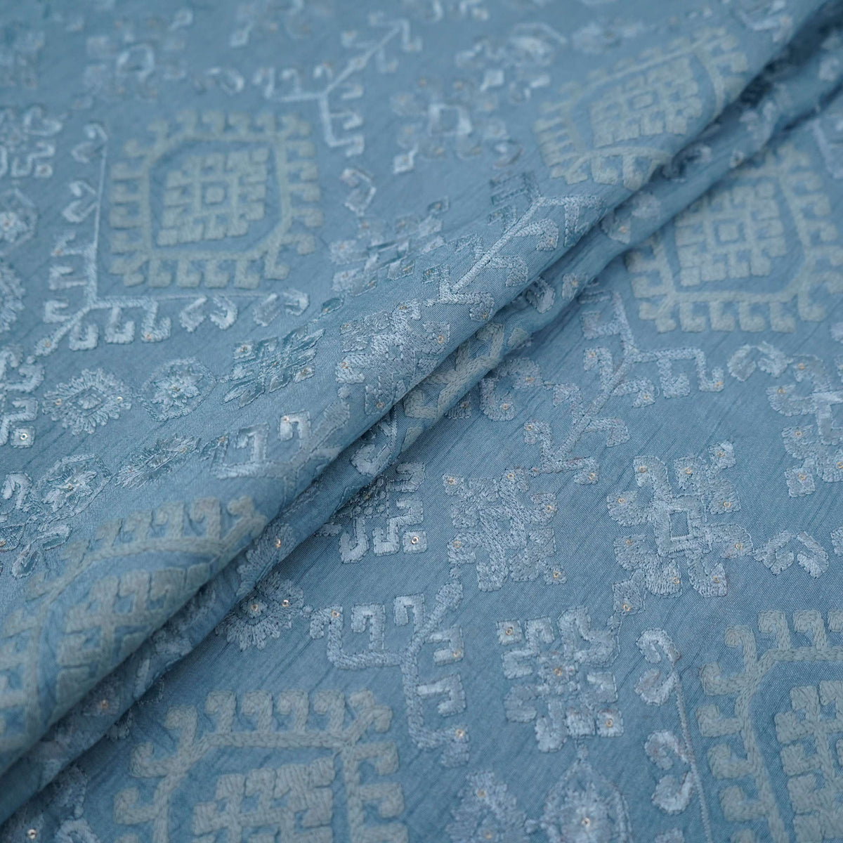 Ice Blue floral embroidery Raw Silk Fabric VFS-31665 - TradeUNO