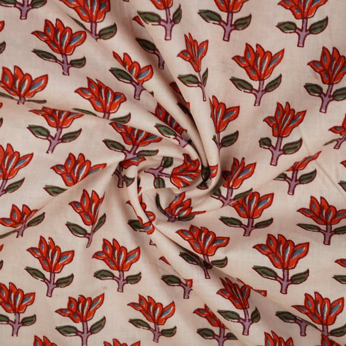 White & Red Handblock Floral Print Cotton Fabric PB-29752