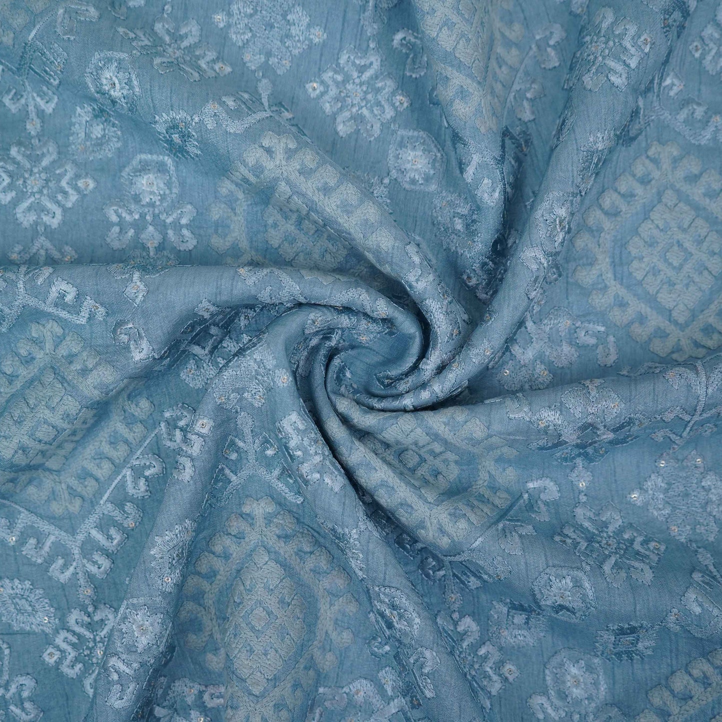 Ice Blue floral embroidery Raw Silk Fabric VFS-31665