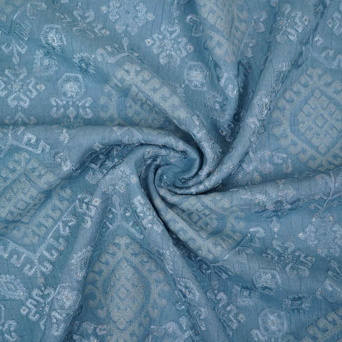 Ice Blue floral embroidery Raw Silk Fabric VFS-31665 - TradeUNO