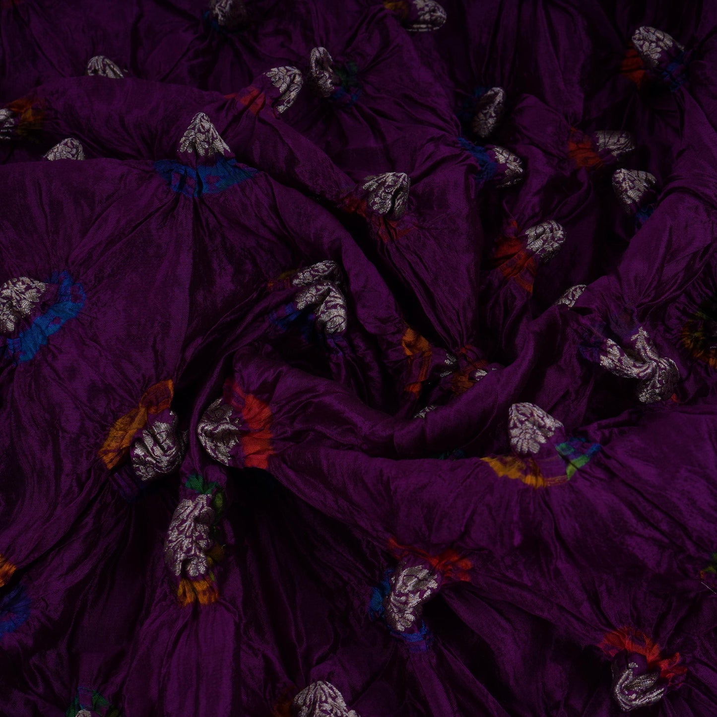 Purple Bandhani Boota Tye Dye Dupion Silk Fabric YHF-32831