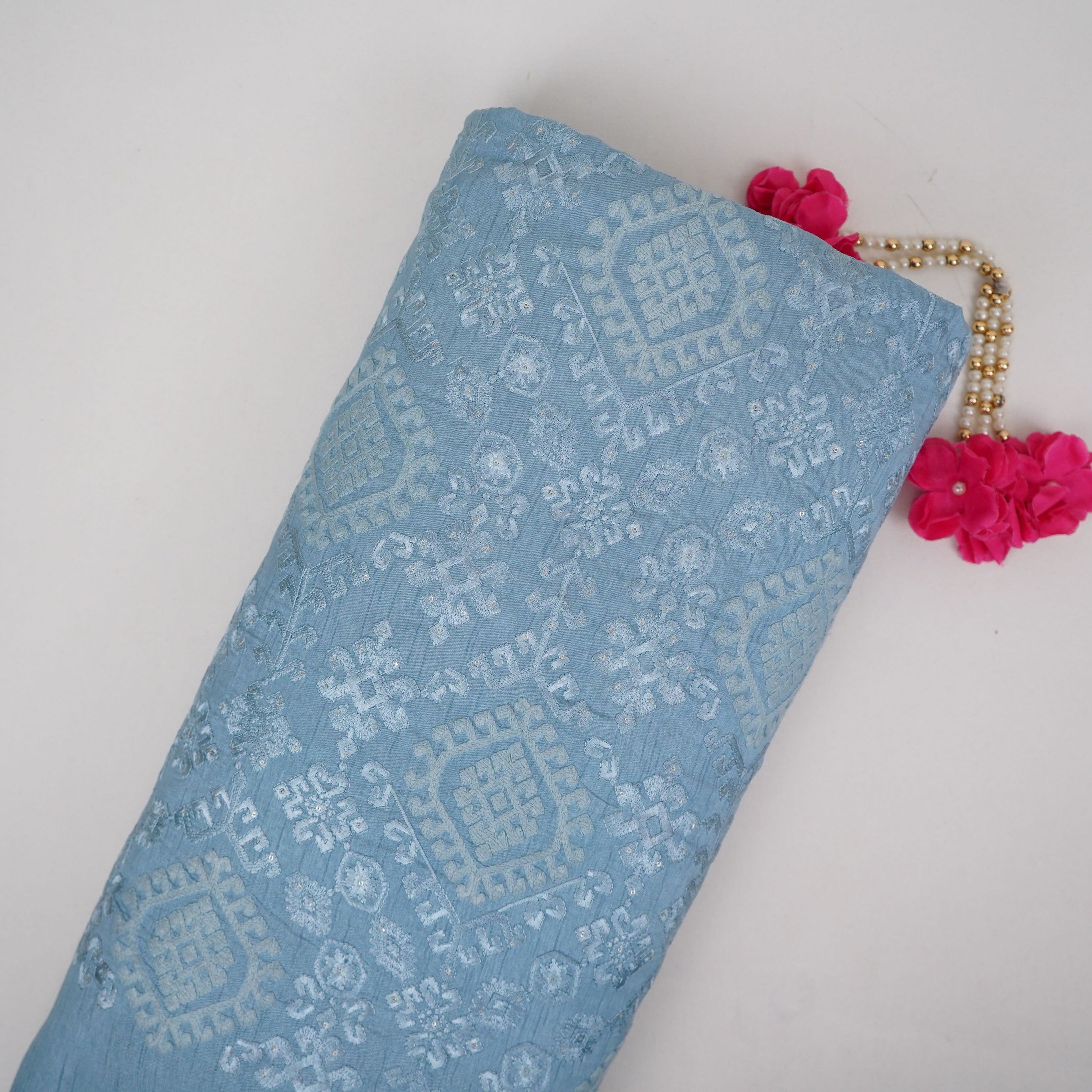 Ice Blue floral embroidery Raw Silk Fabric VFS-31665 - TradeUNO