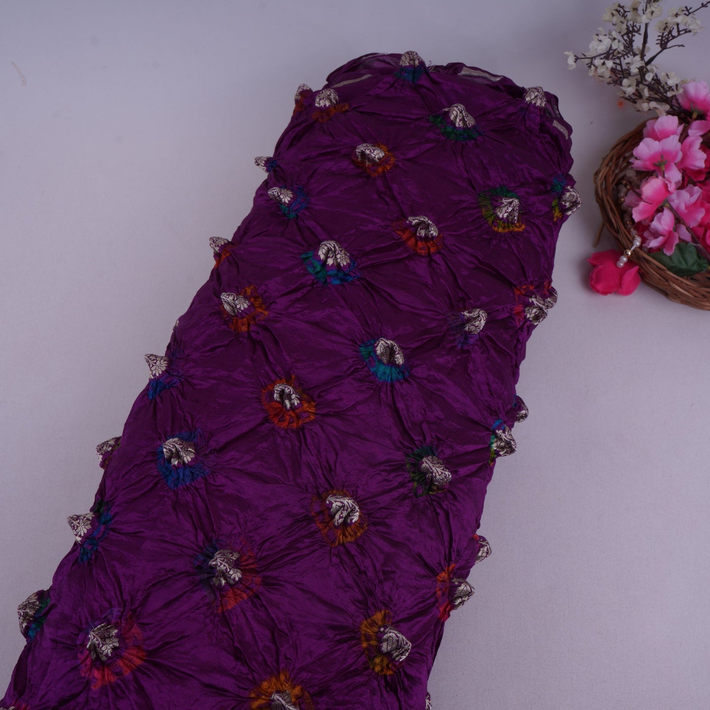 Purple Bandhani Boota Tye Dye Dupion Silk Fabric YHF-32831