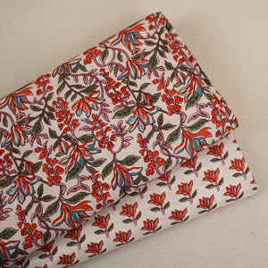 White & Red Floral Block Print Cotton Fabric PB-29755 - TradeUNO