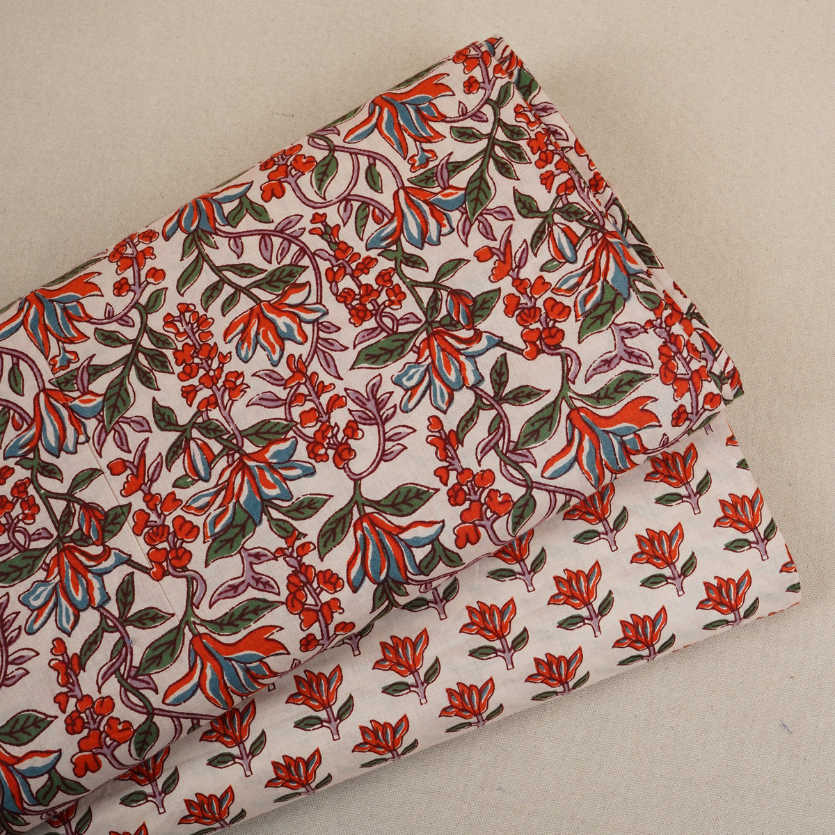 White & Red Floral Block Print Cotton Fabric PB-29755 - TradeUNO