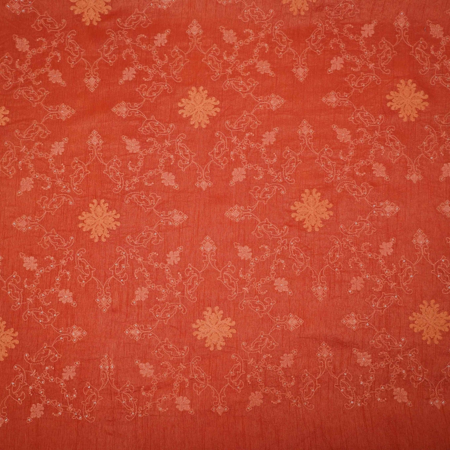 Rust Red floral Jaal embroidery Raw Silk Fabric VFS-31666