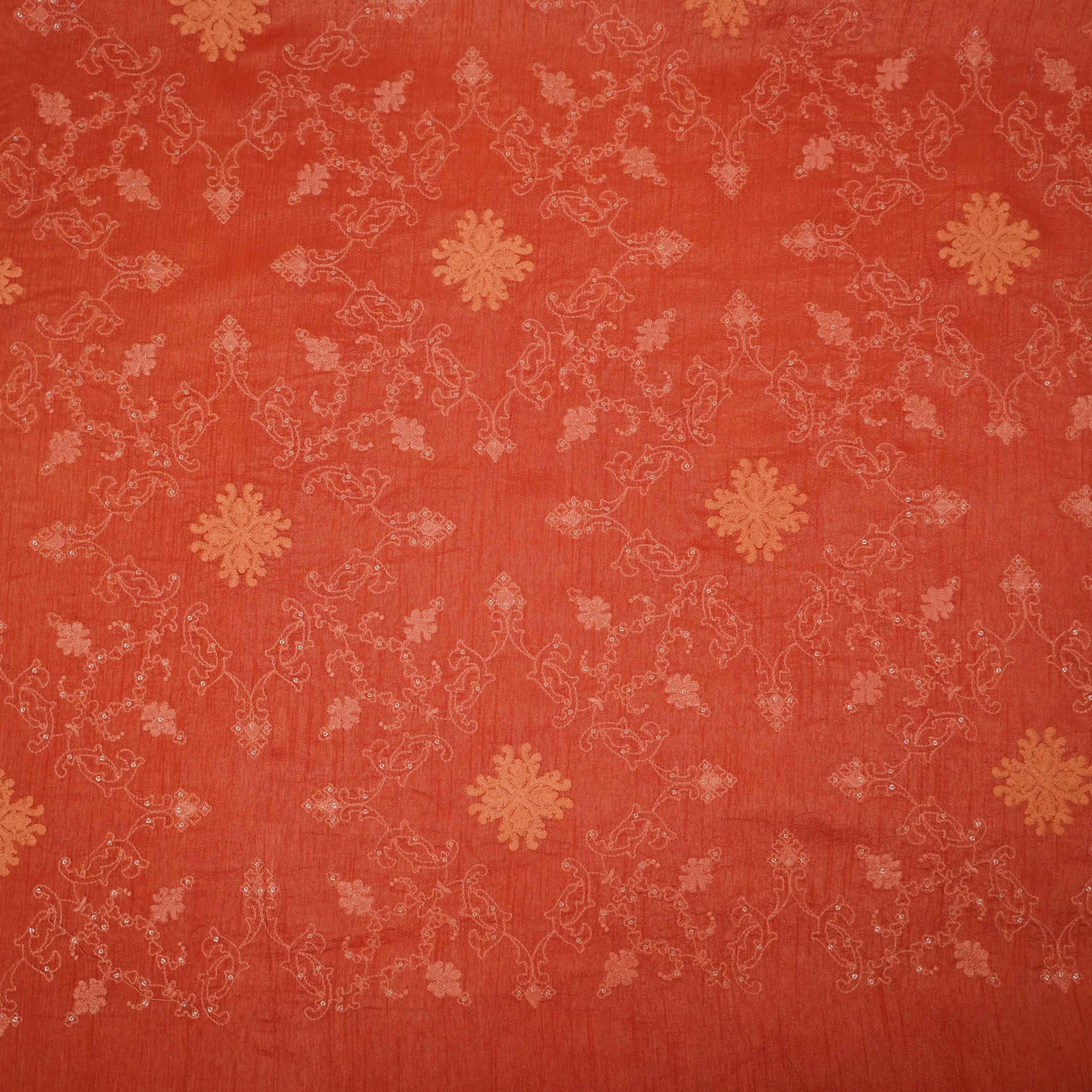 Rust Red floral Jaal embroidery Raw Silk Fabric VFS-31666 - TradeUNO