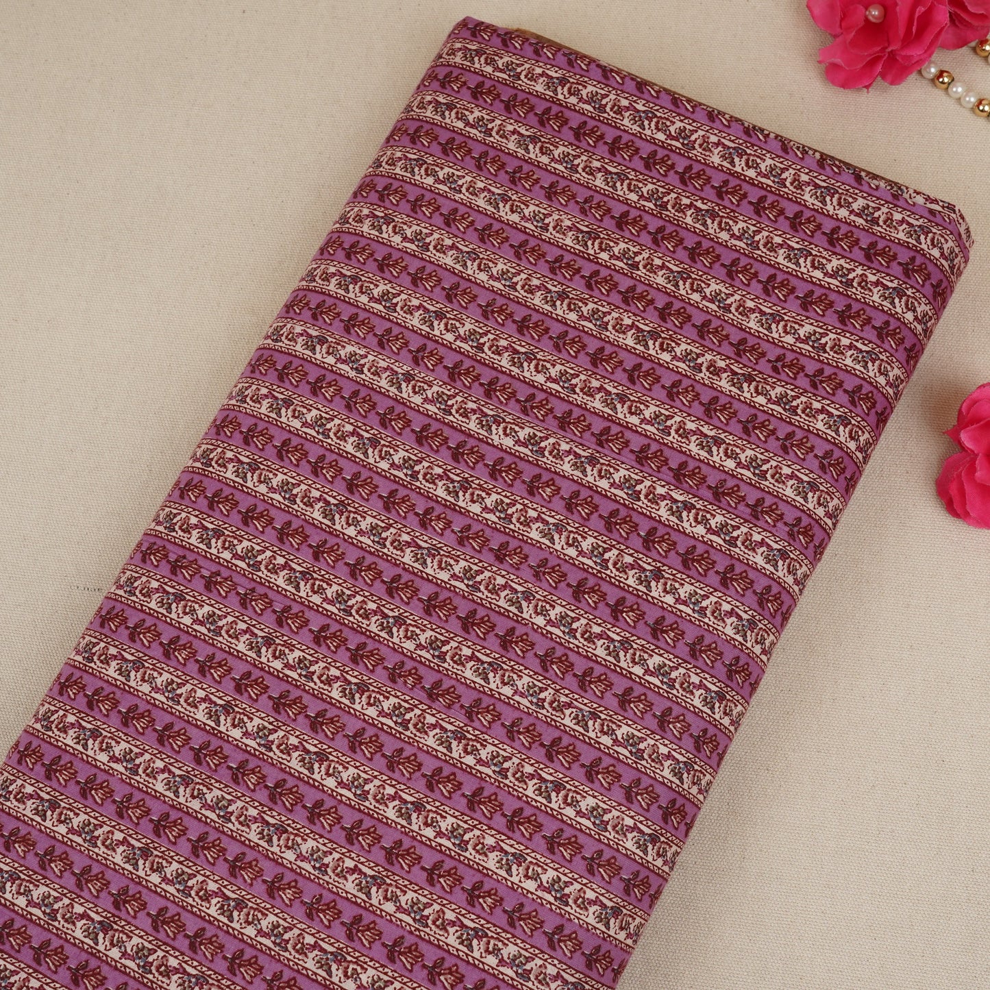 Purple & White Buti Stripes Print Cotton Fabric PB-29720