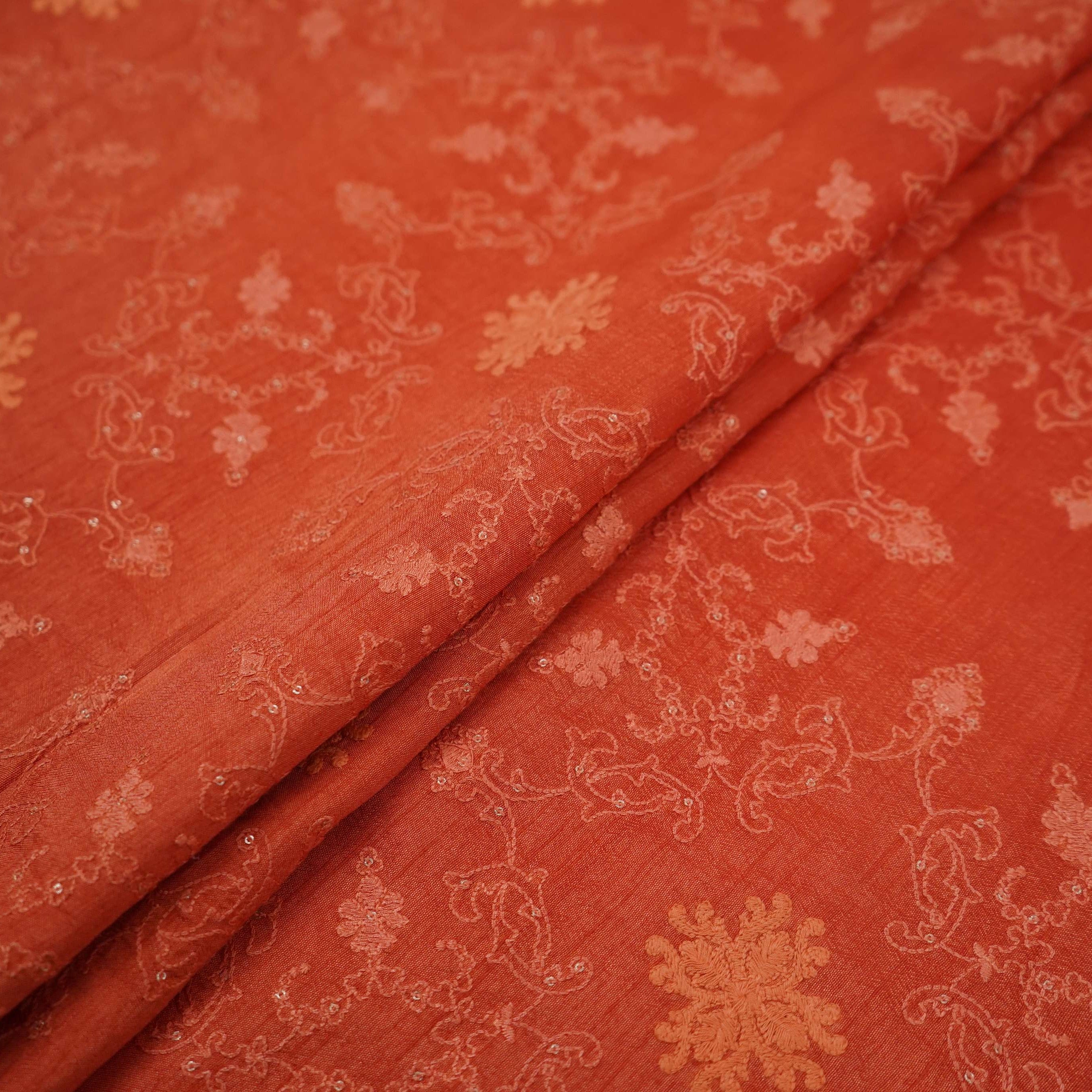 Rust Red floral Jaal embroidery Raw Silk Fabric VFS-31666 - TradeUNO