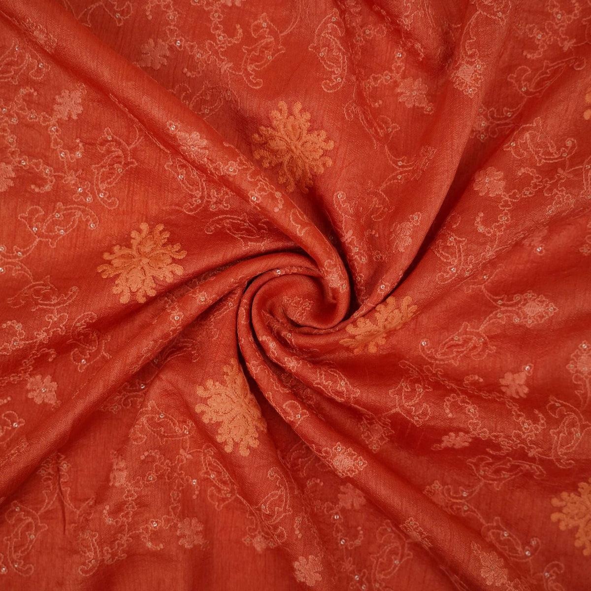 Rust Red floral Jaal embroidery Raw Silk Fabric VFS-31666 - TradeUNO