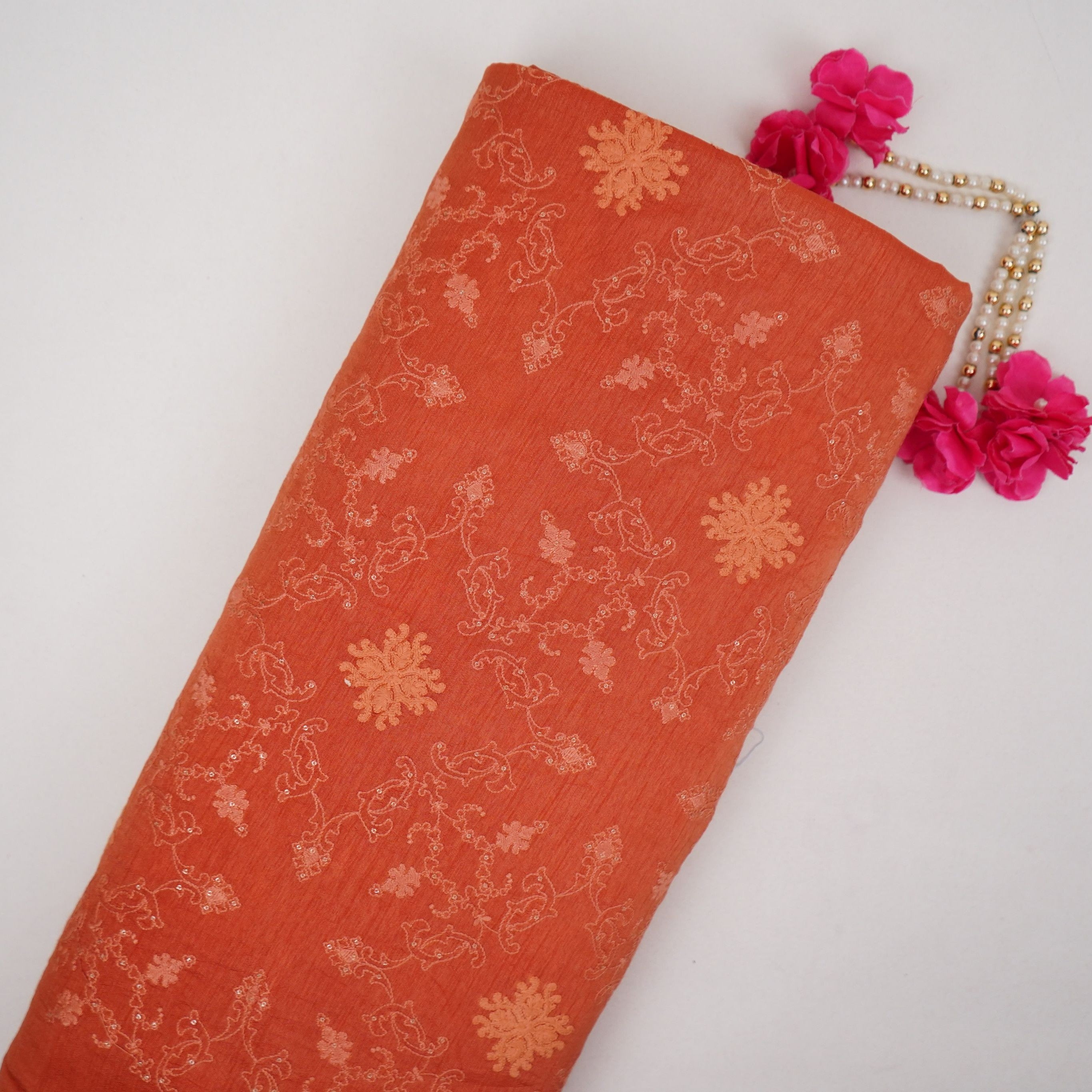 Rust Red floral Jaal embroidery Raw Silk Fabric VFS-31666 - TradeUNO