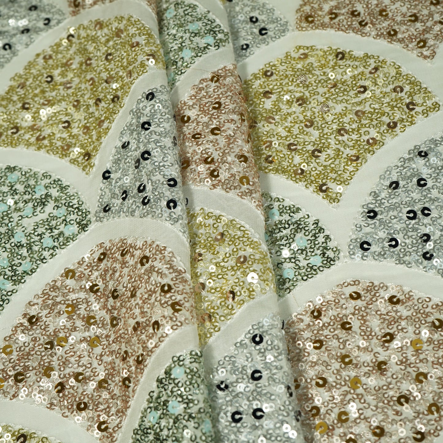White Abstract Sequins Embroidery Georgette Fabric 15541